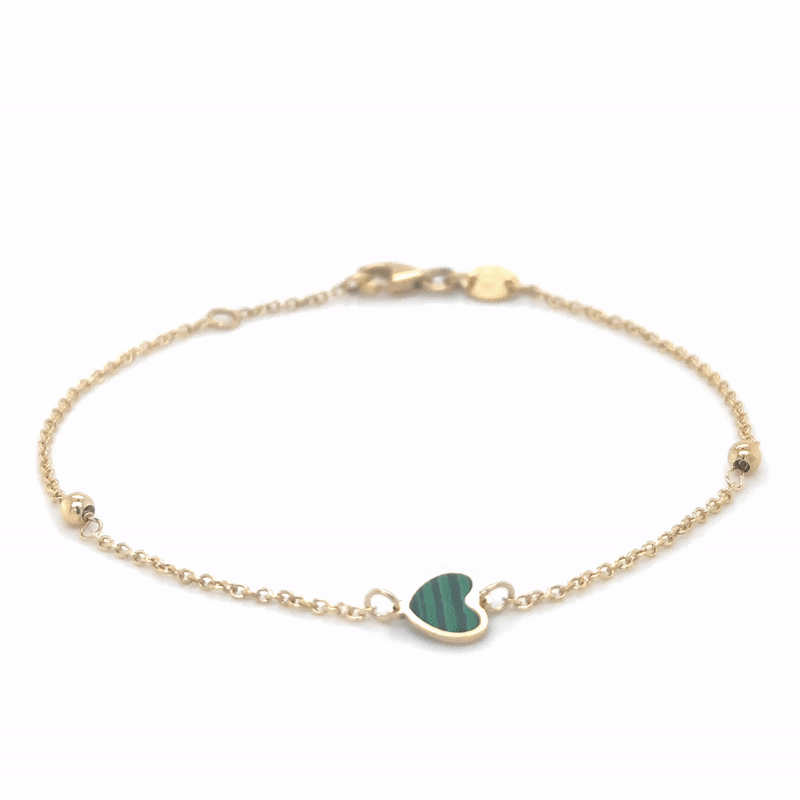 Pulsera De Bola De Corazón De Malaquita En Oro Amarillo De 14Kt 7"