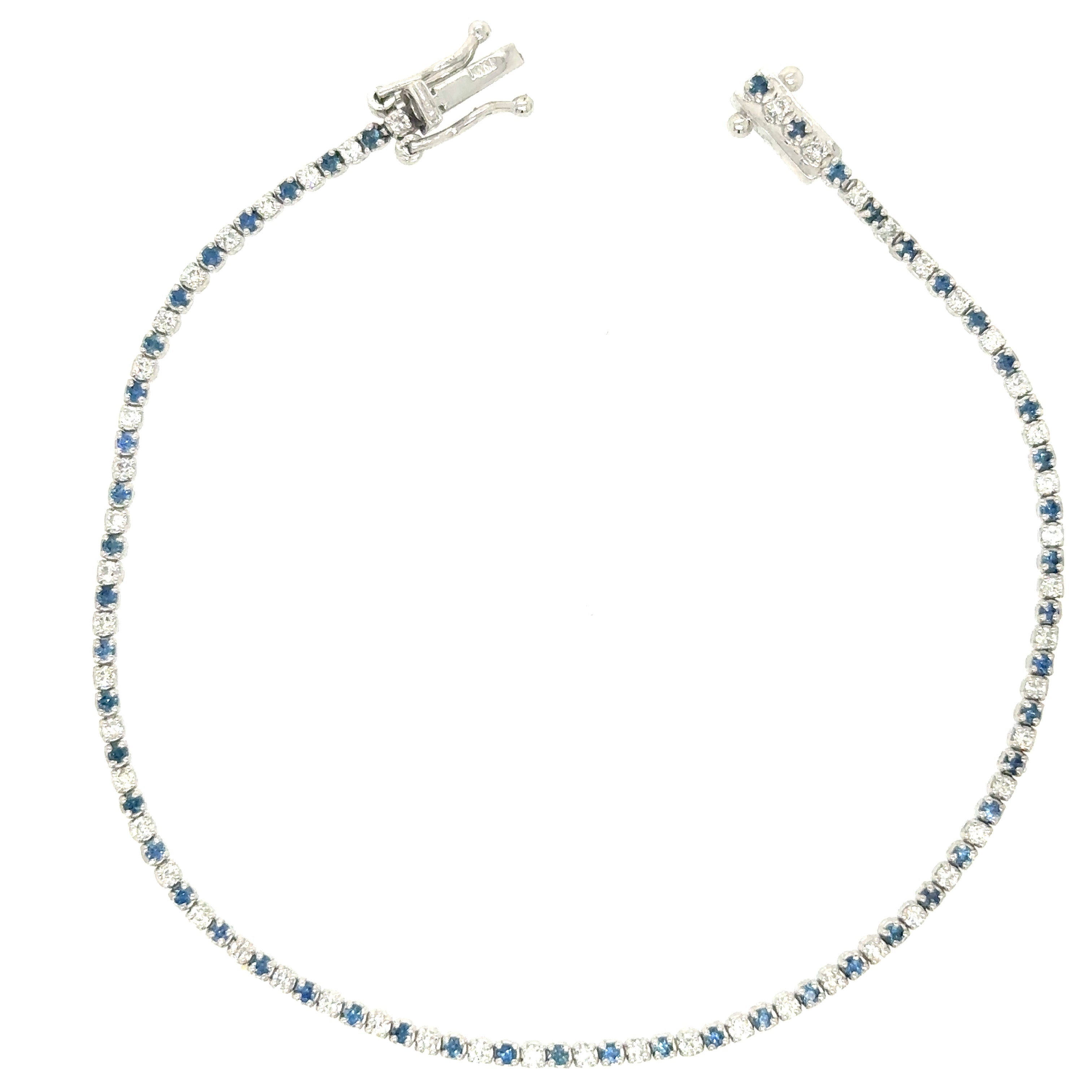 Pulsera De Tenis De Oro Blanco De 14 Quilates Con Diamantes Y Zafiros Azules 1.19 Ct.