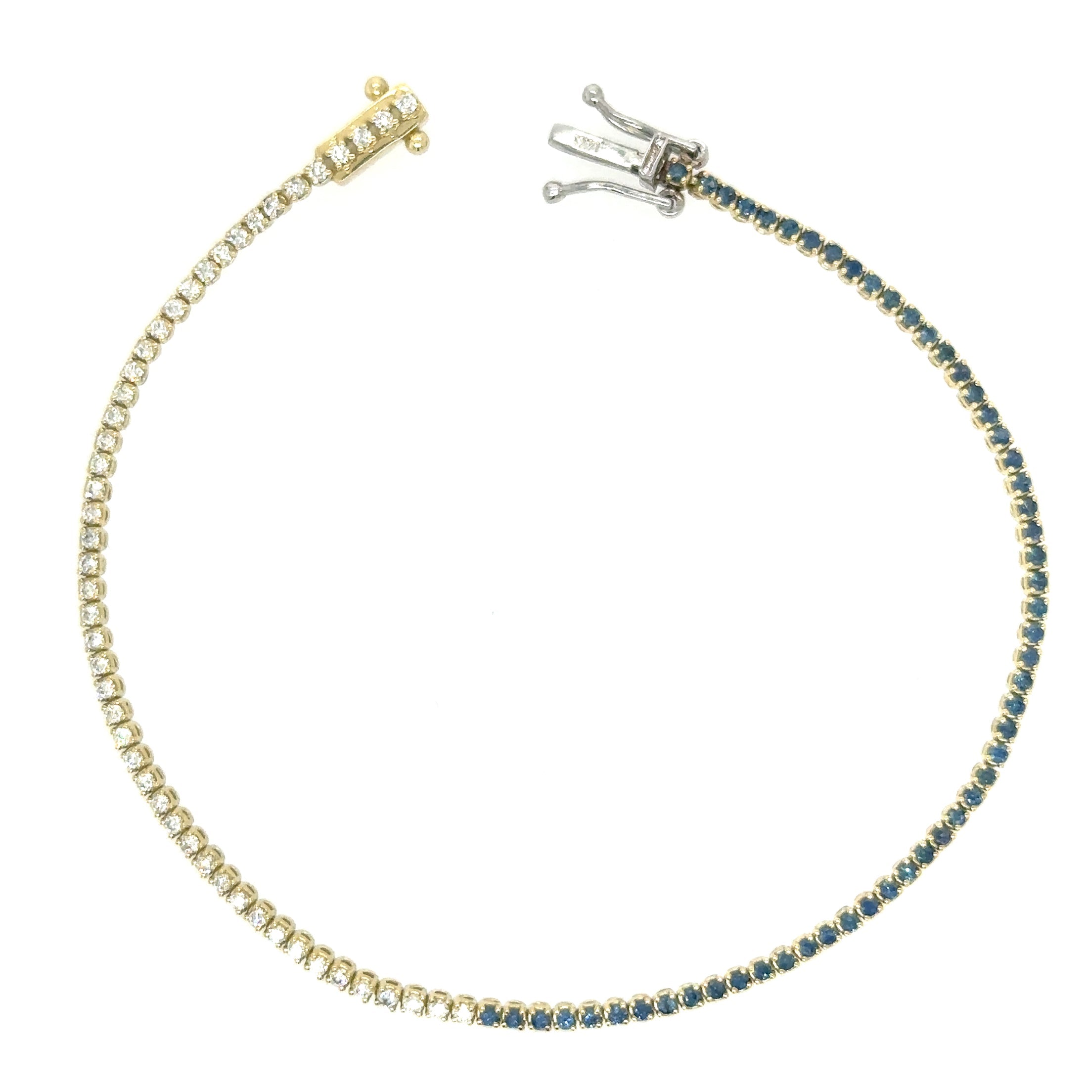 Pulsera De Tenis En Oro Amarillo De 14 Kt Con Diamantes Y Zafiro Azul 1.2 CT