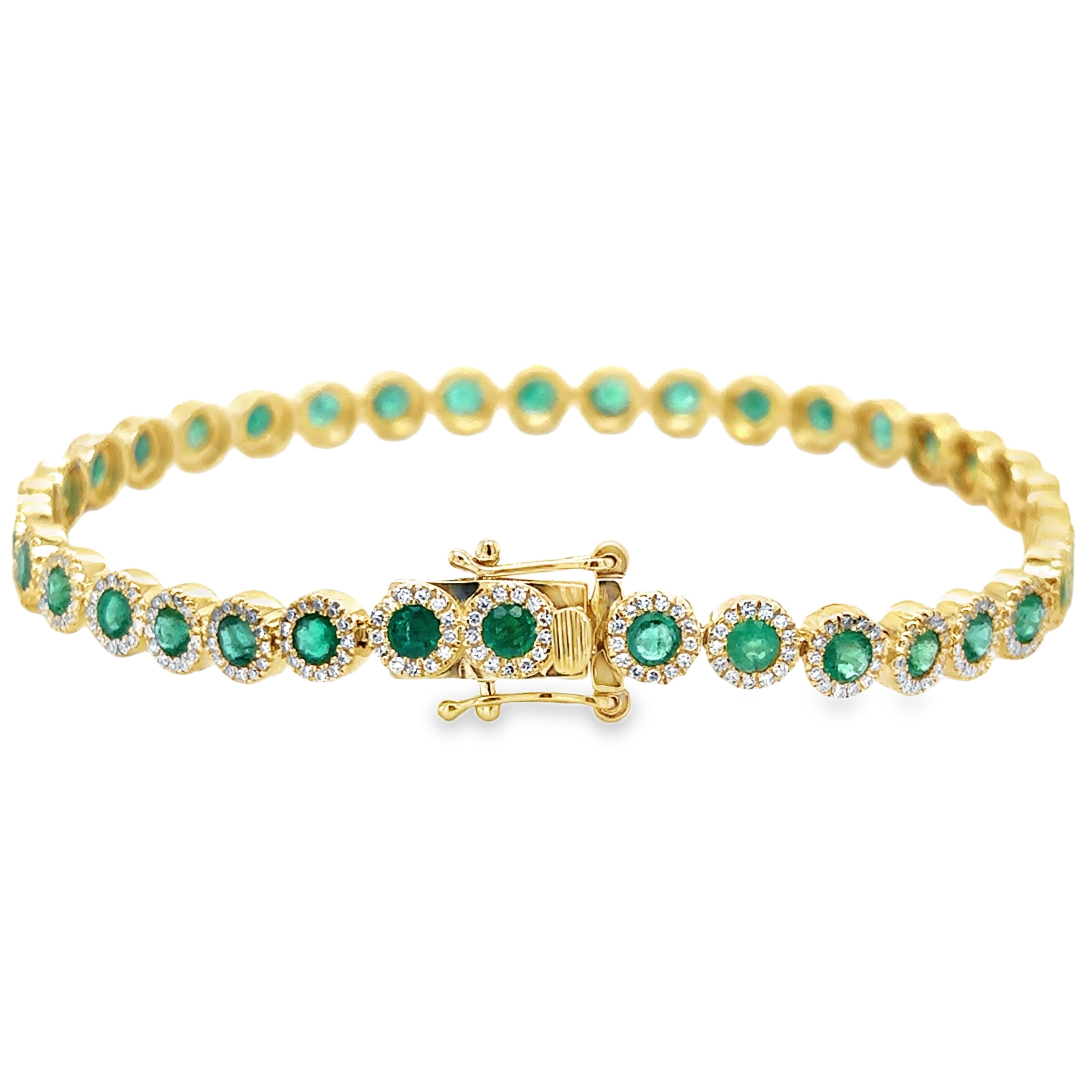 Pulsera De Tenis De Oro Amarillo De 14 Quilates Con Esmeraldas Y Diamantes 3.75 Ct.
