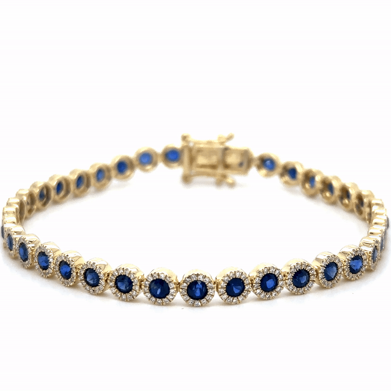 Pulsera De Tenis De Diamantes Y Zafiros De Oro Amarillo De 14 Kt 4.84 Ct.
