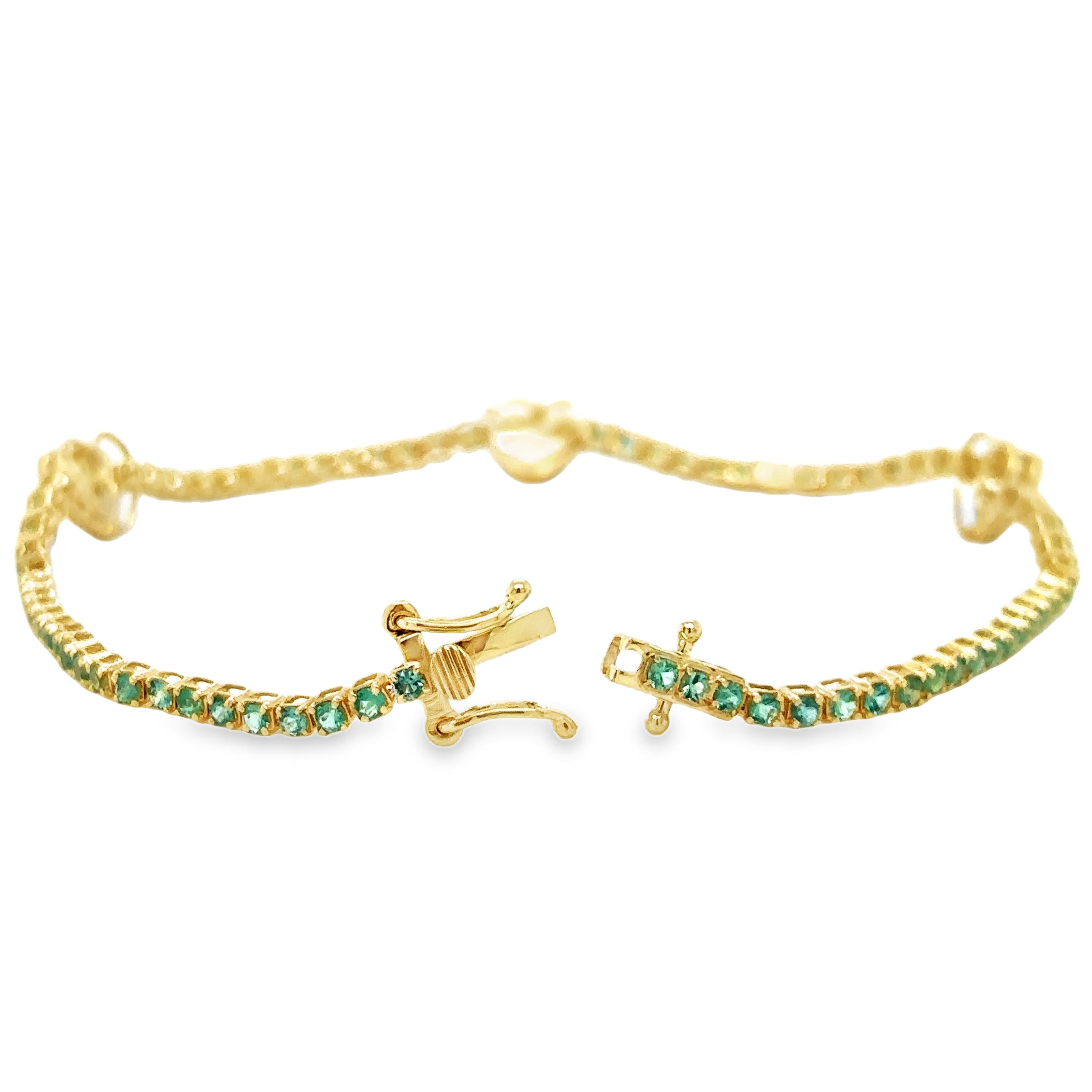 Pulsera De Tenis Corazón De Esmeraldas Y Diamantes En Oro Amarillo De 14K 1.51 Ct.