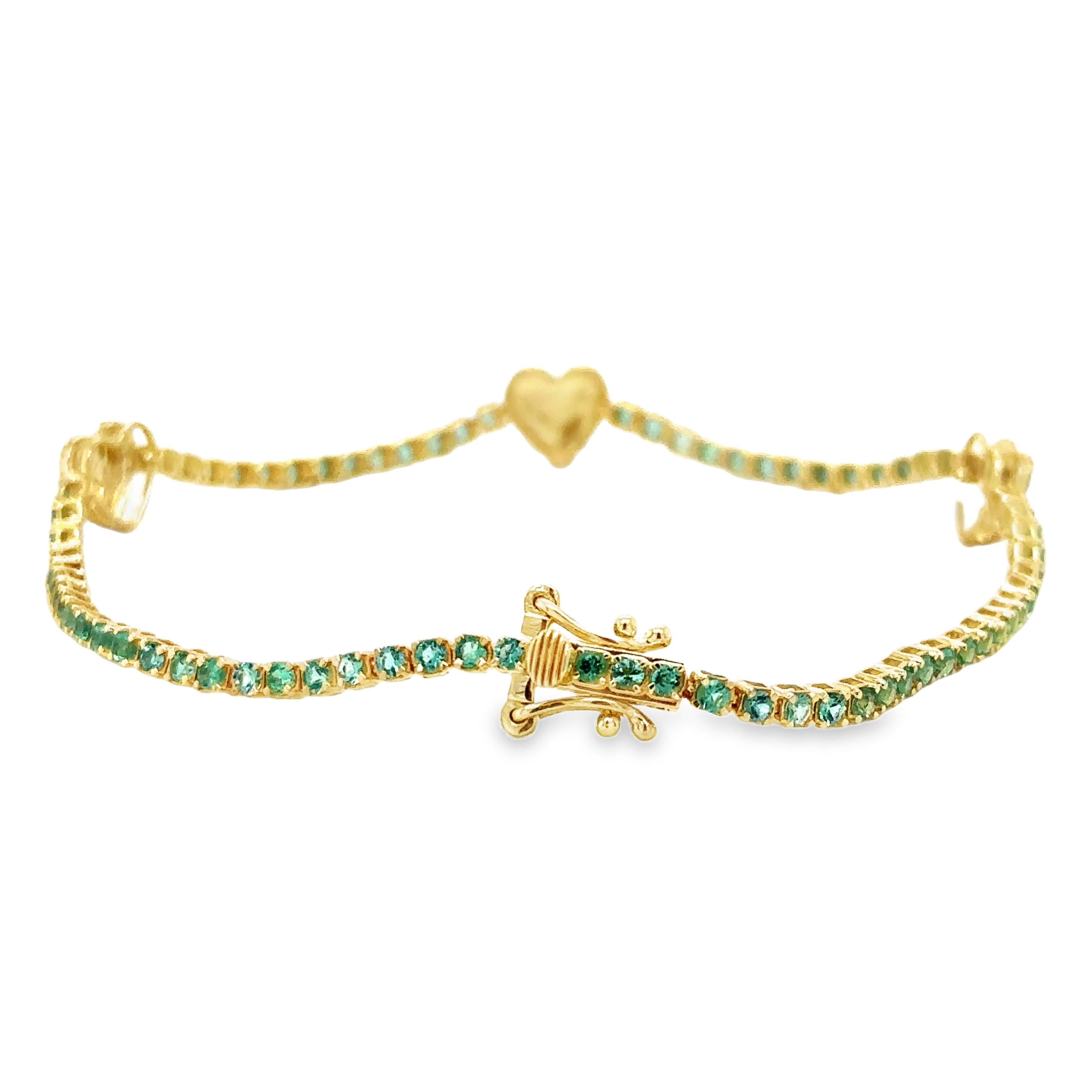 Pulsera De Tenis Corazón De Esmeraldas Y Diamantes En Oro Amarillo De 14K 1.51 Ct.