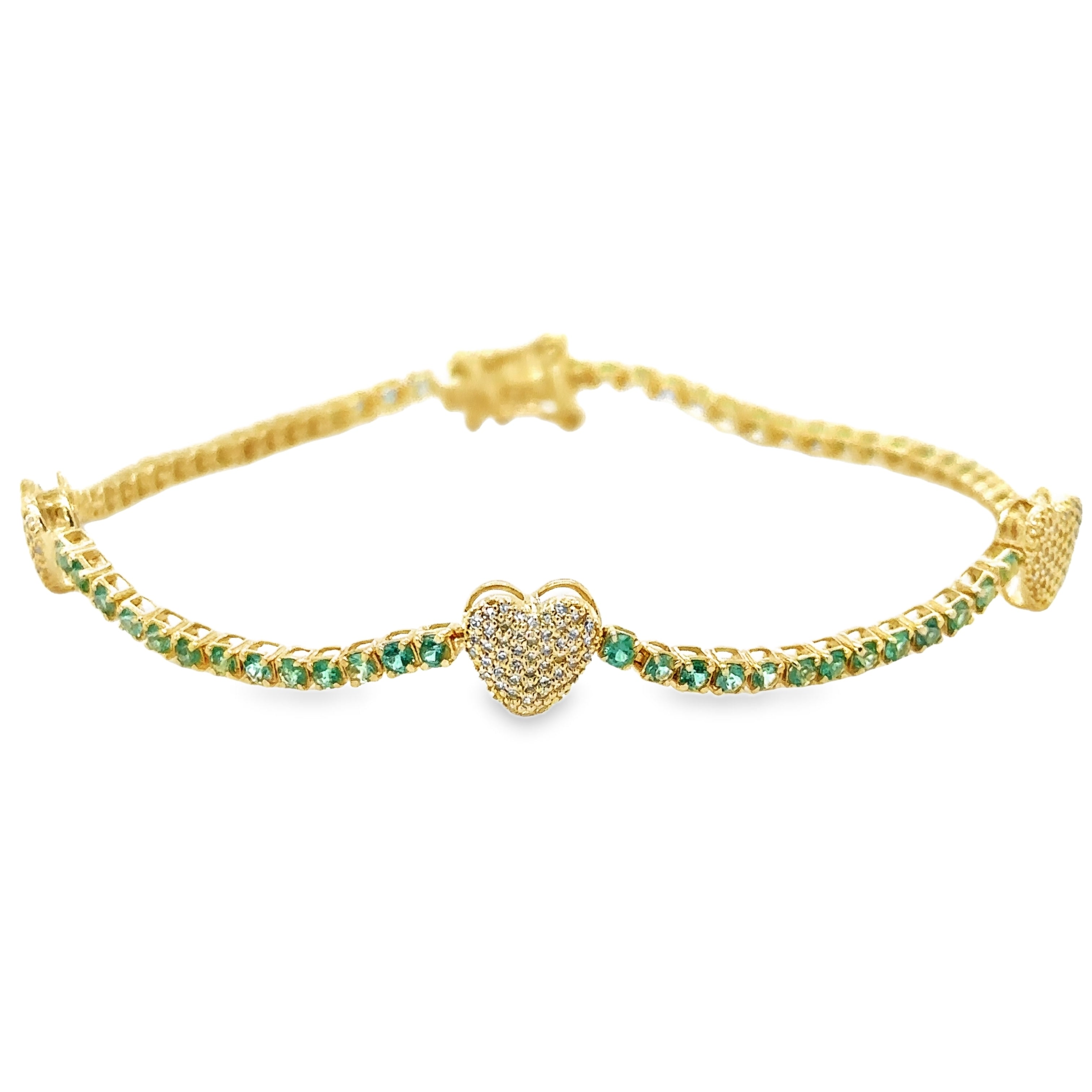 Pulsera De Tenis Corazón De Esmeraldas Y Diamantes En Oro Amarillo De 14K 1.51 Ct.