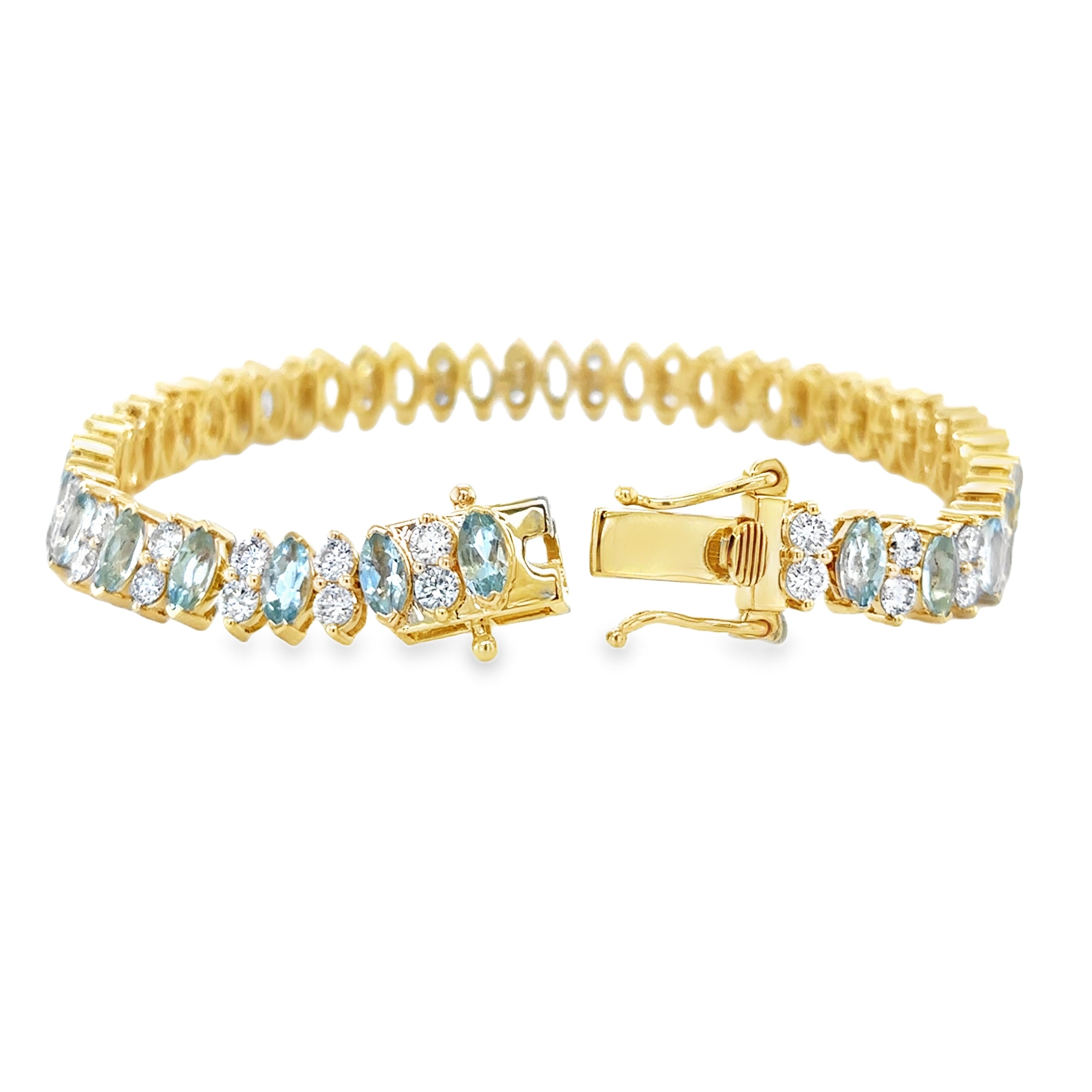 Pulsera De Tenis De Diamantes Y Aguamarina En Forma De Marquesa De Oro Amarillo De 14K 10.76 Ct.