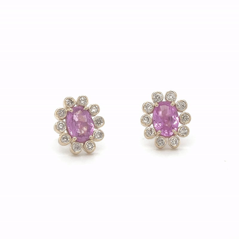 Pendiente Flor De Oro Amarillo De 14Kt Con Zafiro Rosa Y Diamantes 2.01 Ct.