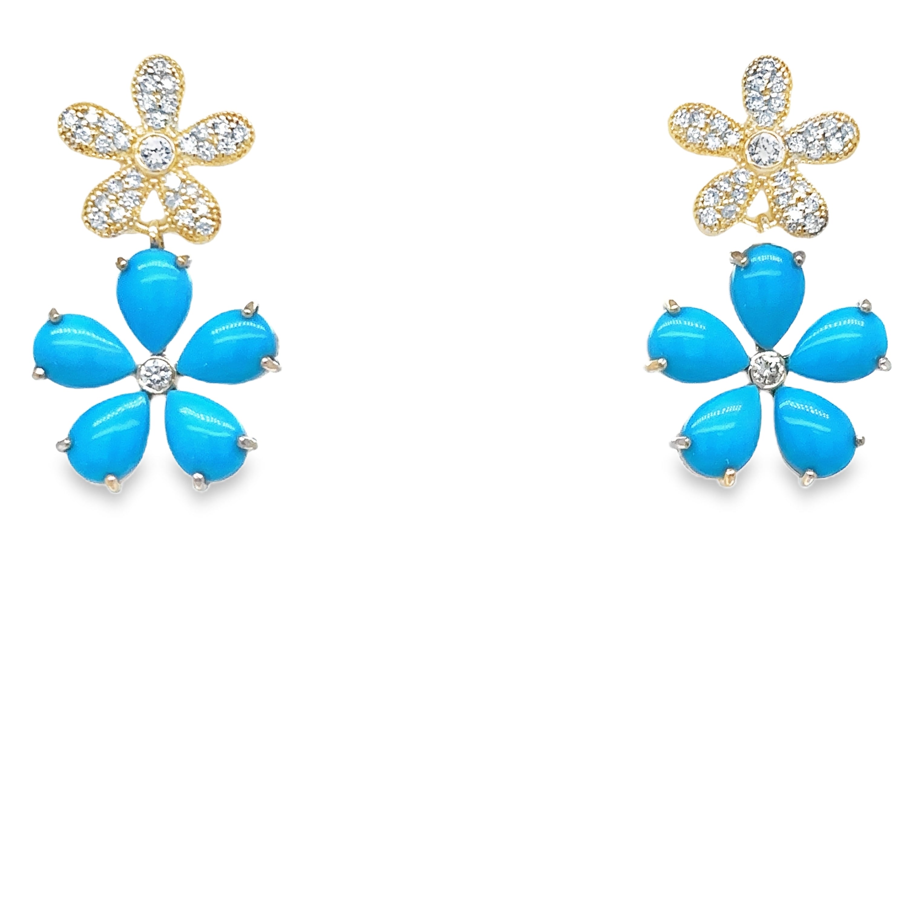 Pendiente Flor De Oro Amarillo De 14 Quilates Con Turquesa Y Diamantes 6.55 Ct.