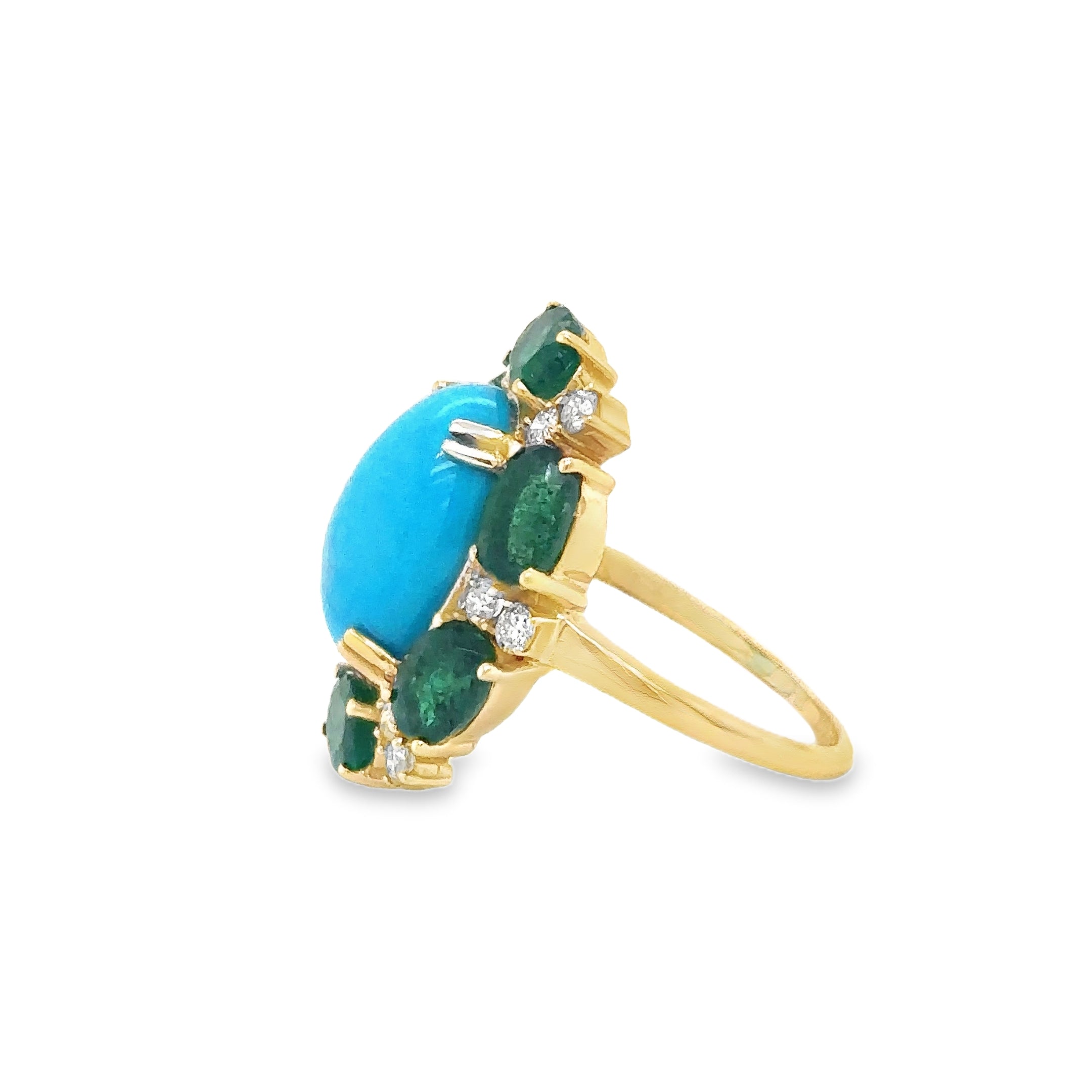 Anillo De Oro Amarillo De 14 K Con Esmeraldas, Turquesas Y Diamantes