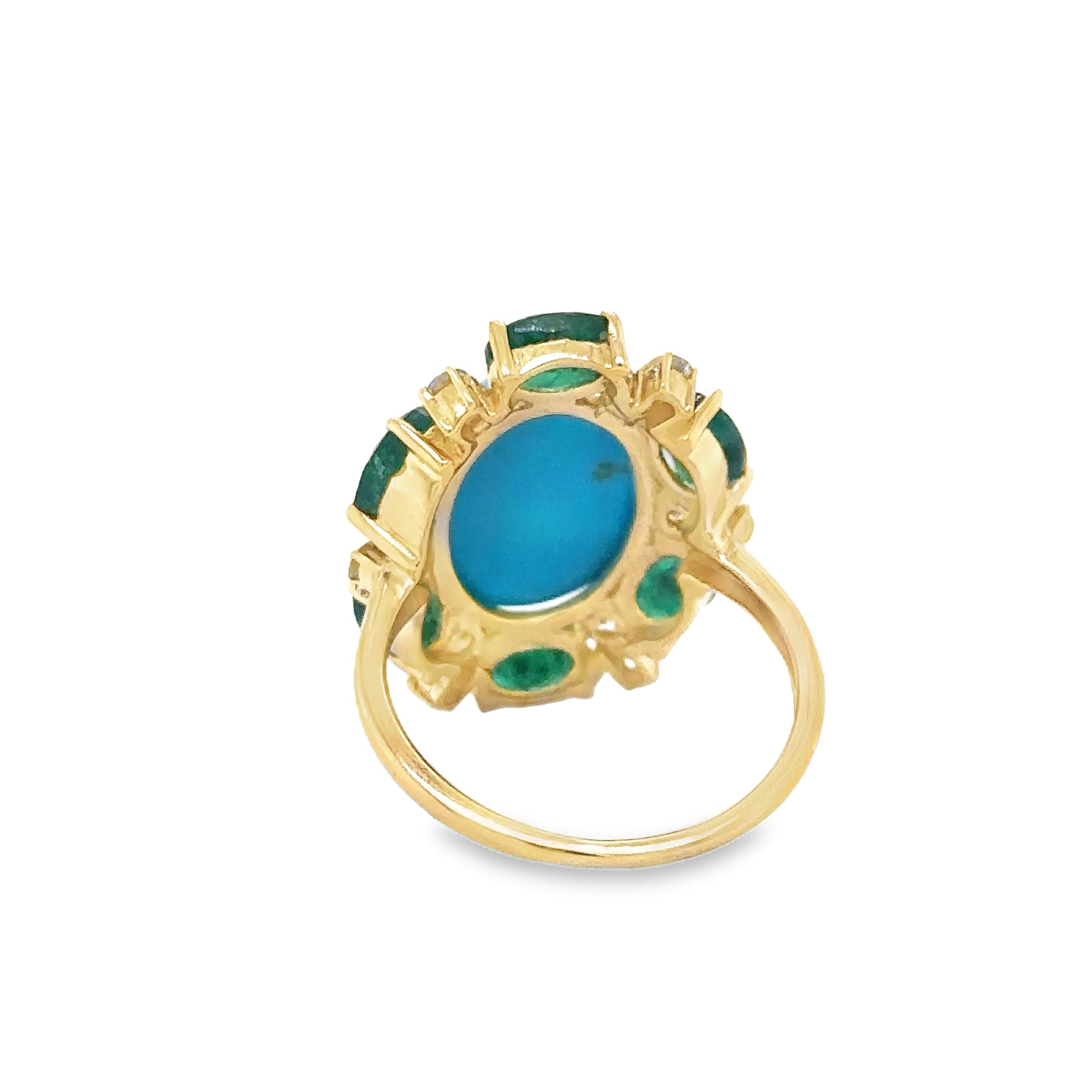 Anillo De Oro Amarillo De 14 K Con Esmeraldas, Turquesas Y Diamantes
