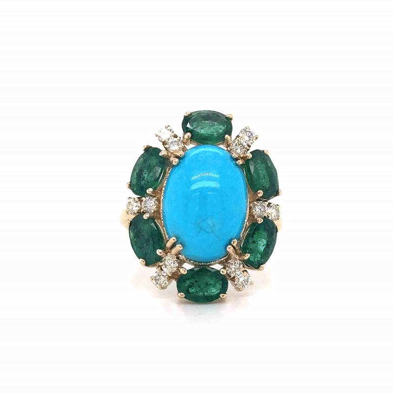 Anillo De Oro Amarillo De 14 K Con Esmeraldas, Turquesas Y Diamantes