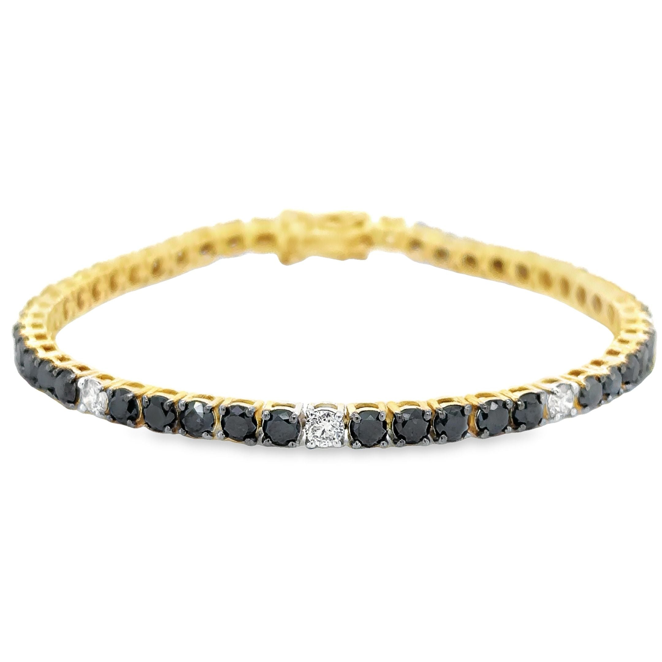 Pulsera De Tenis De Diamantes Blancos Y Negros En Oro Amarillo De 14K 5.36 Ct.