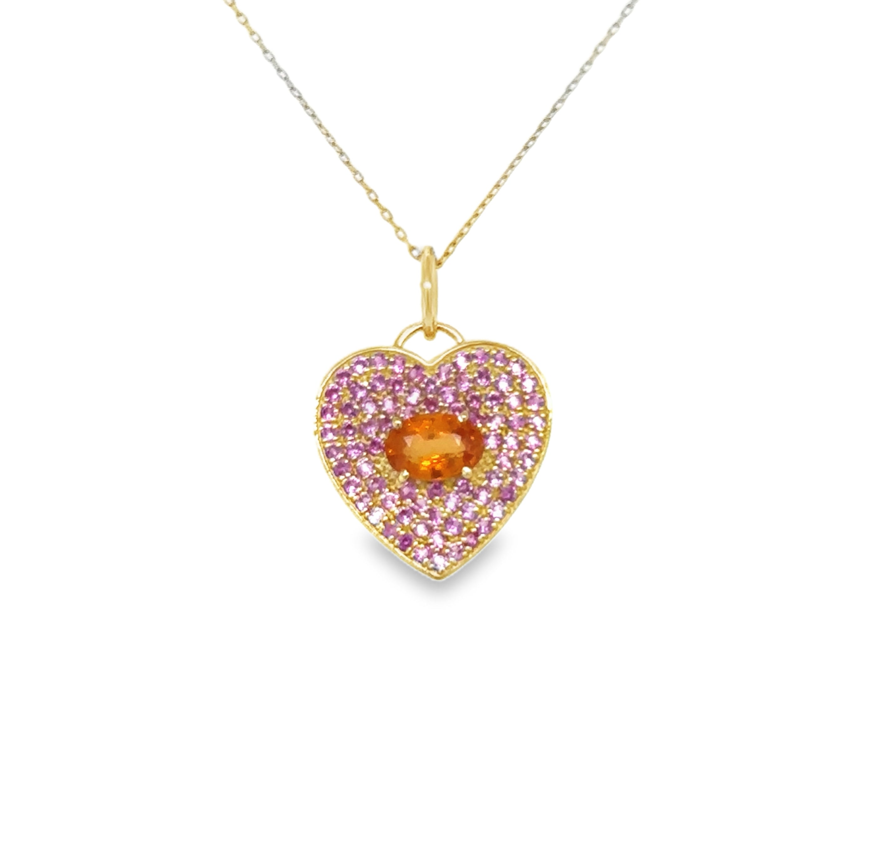 Colgante De Corazón De Zafiro Rosa Y Naranja De Oro Amarillo De 14 Kt