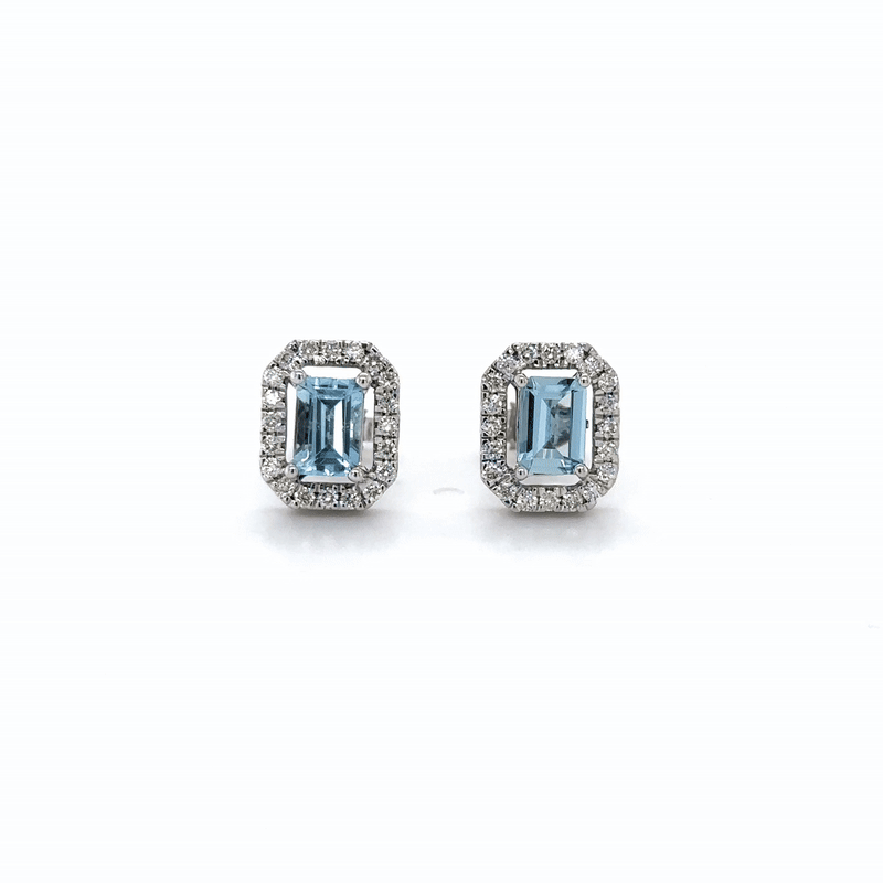Pendiente De Botón De Diamantes Y Aguamarina De Oro Blanco De 14K 1.27 Ct.
