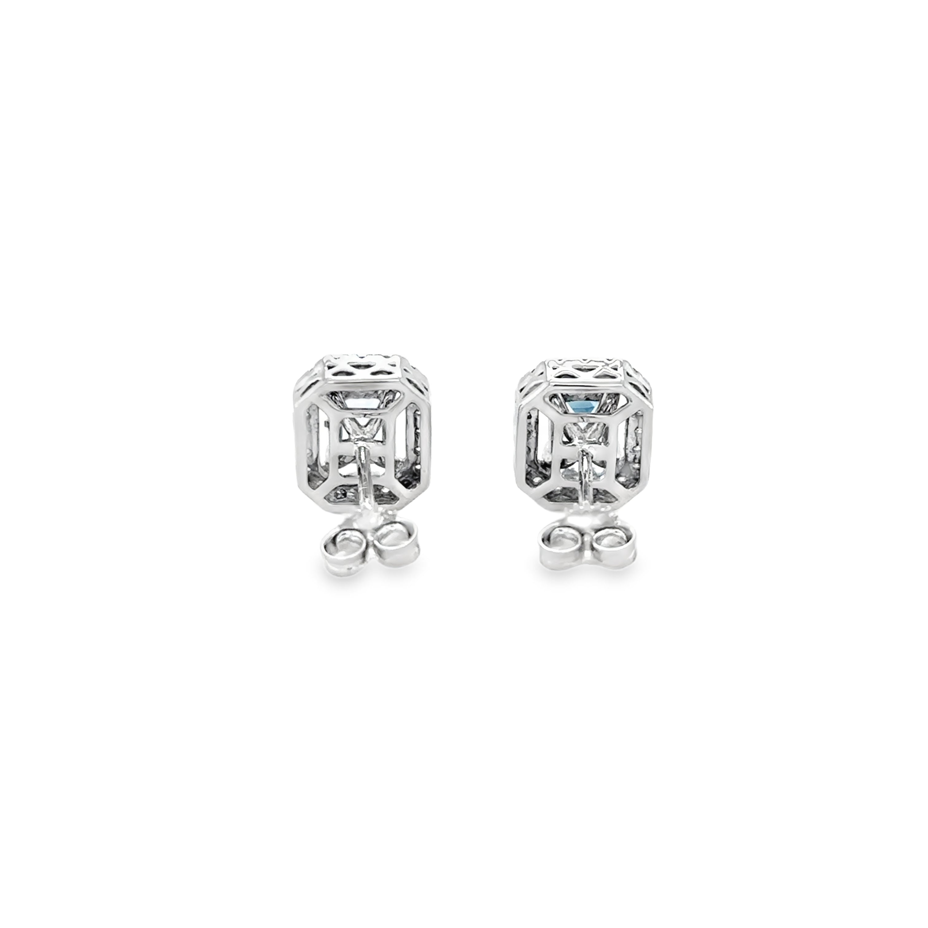Pendiente De Botón De Diamantes Y Aguamarina De Oro Blanco De 14K 1.27 Ct.