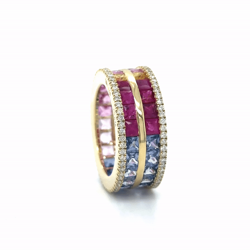 Anillo De Oro Amarillo De 14 Quilates Con Múltiples Zafiros Y Diamantes 10.08 Ct.