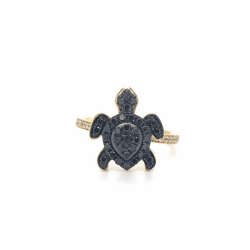 Anillo De Tortuga De Diamantes Negros En Oro Amarillo De 14K 0.58 Ct.