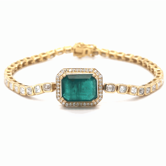 Pulsera De Tenis De Oro Amarillo De 18 Quilates Con Esmeralda Oct Y Diamantes 7.49 Ct.