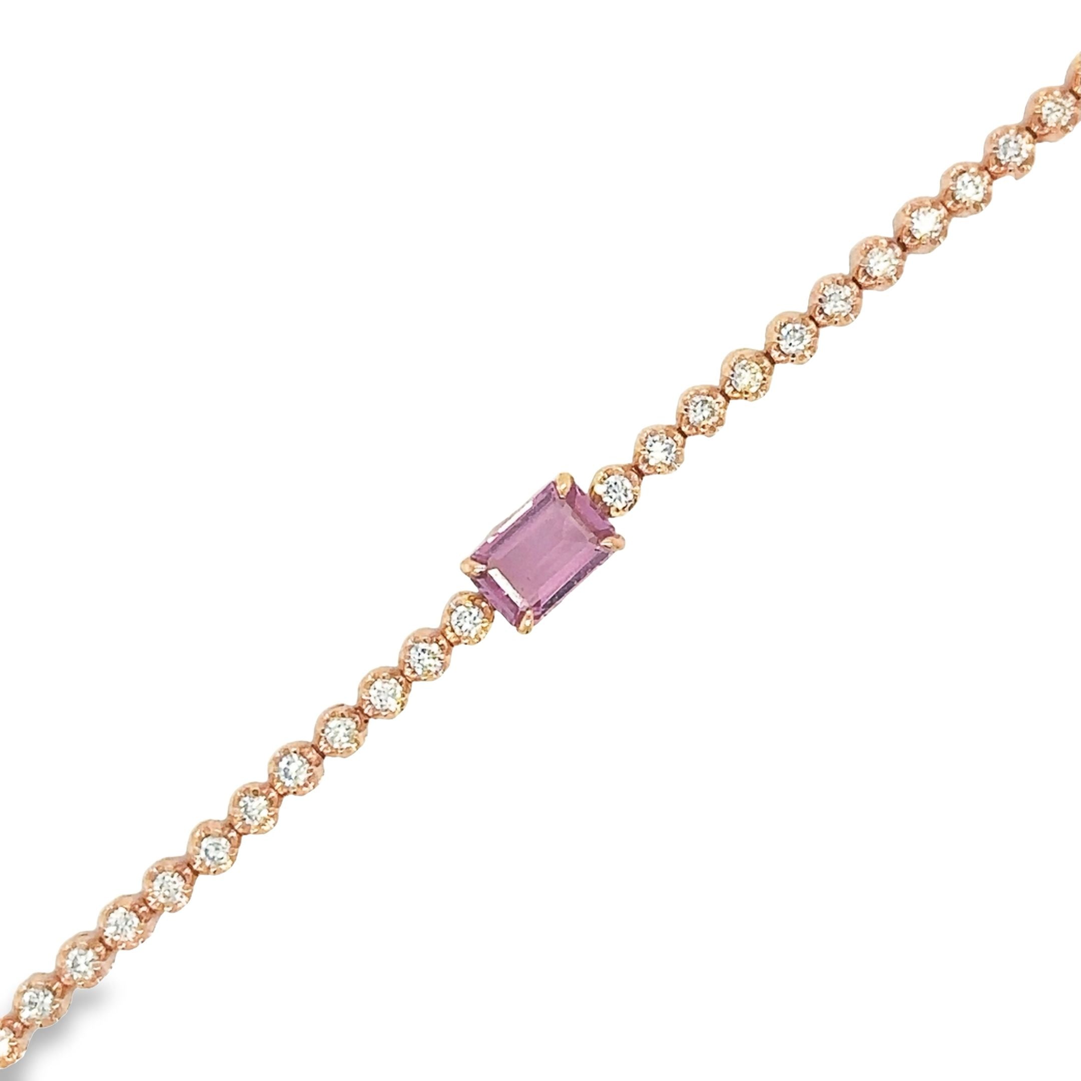 Pulsera De Tenis De Oro Rosa De 14 Quilates Zafiro Rosa Oct Y Diamantes 1.42 Ct.