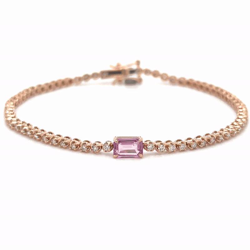 Pulsera De Tenis De Oro Rosa De 14 Quilates Zafiro Rosa Oct Y Diamantes 1.42 Ct.