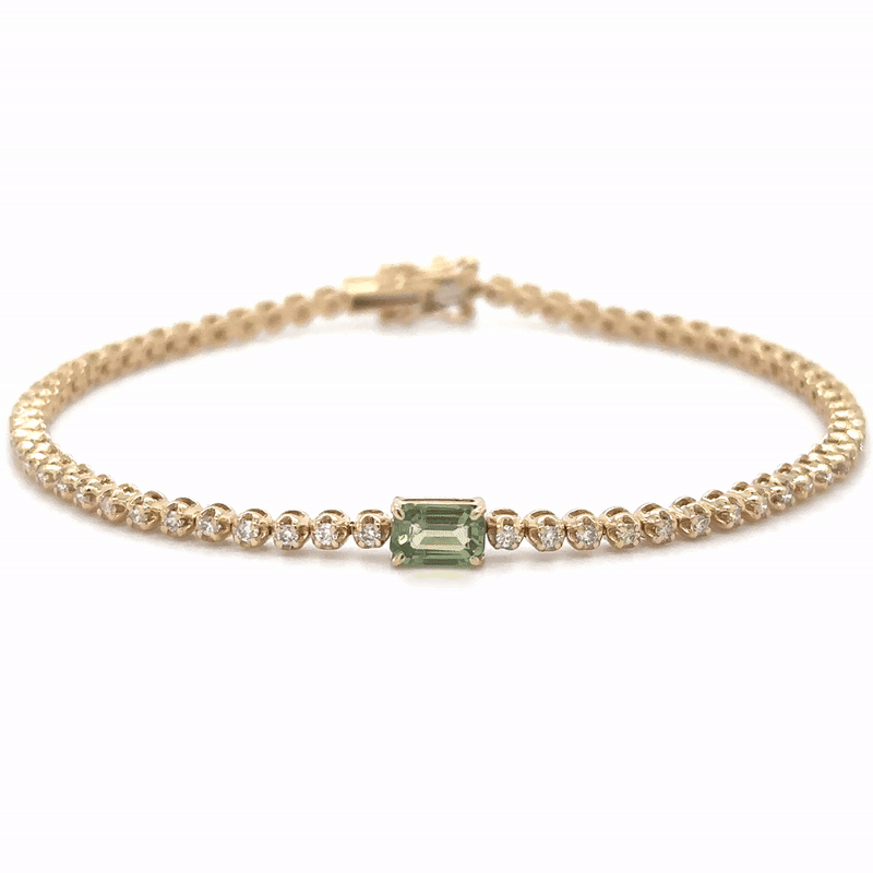 Pulsera De Tenis De Oro Amarillo De 14 Quilates Zafiro Verde Oct Y Diamantes 1.42 Ct.