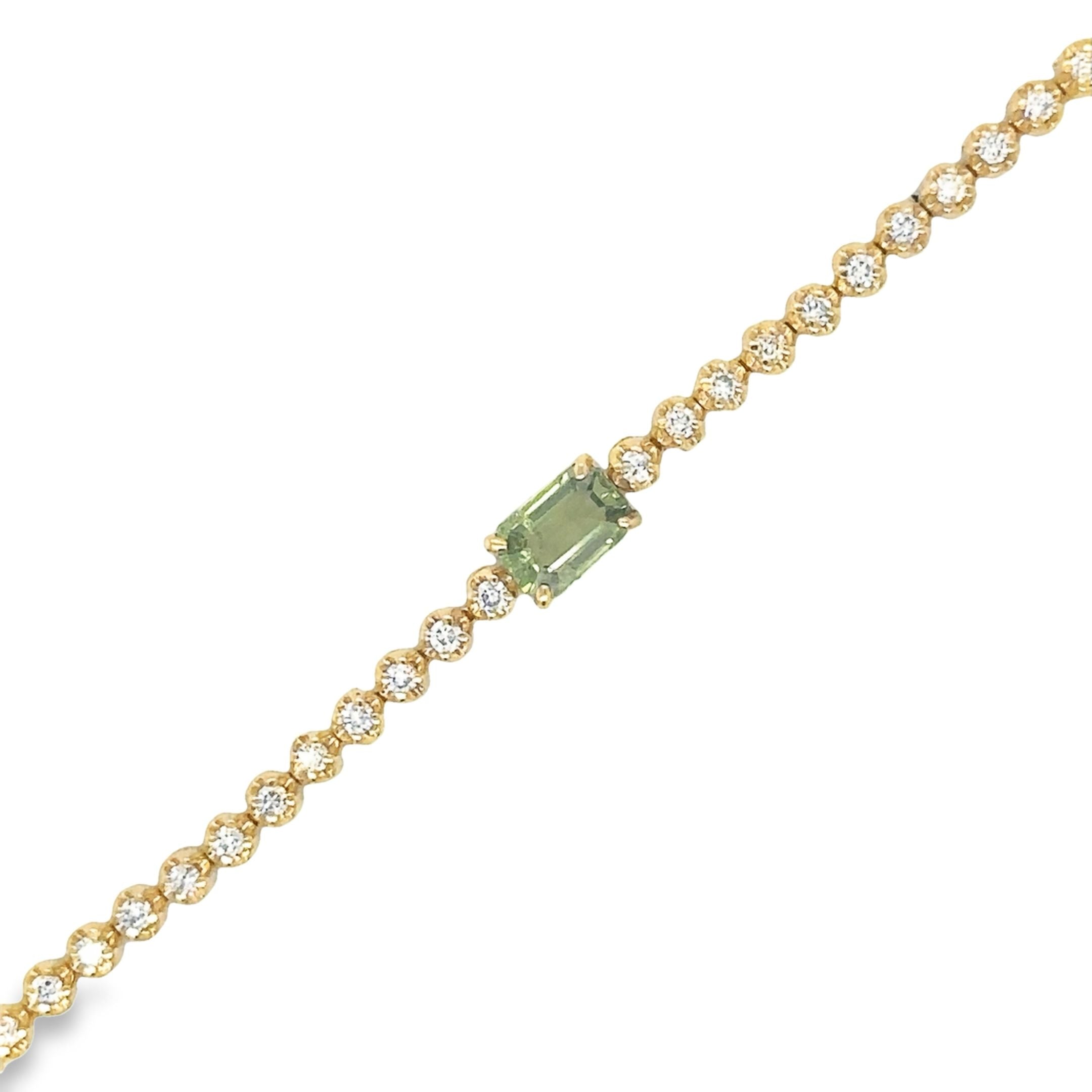 Pulsera De Tenis De Oro Amarillo De 14 Quilates Zafiro Verde Oct Y Diamantes 1.42 Ct.