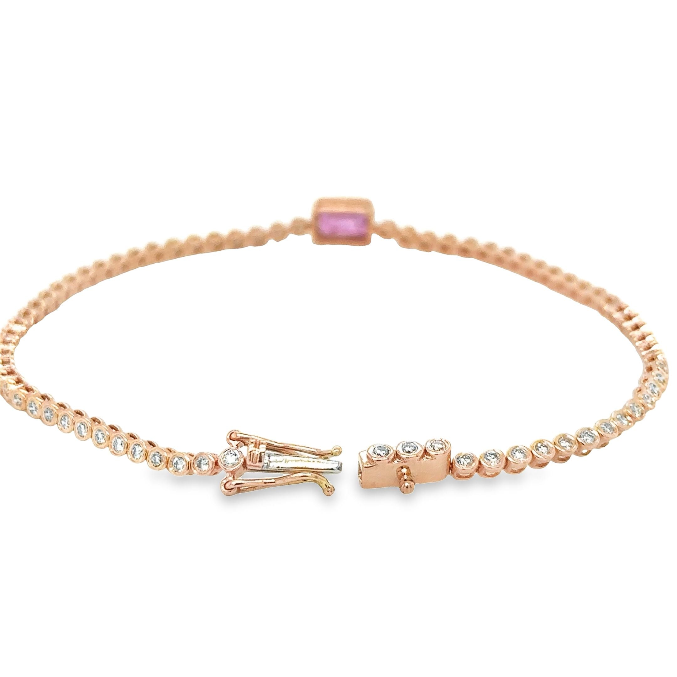 Pulsera De Tenis De Oro Rosa De 14 Quilates Zafiro Rosa Oct Y Diamantes 1.53 Ct.