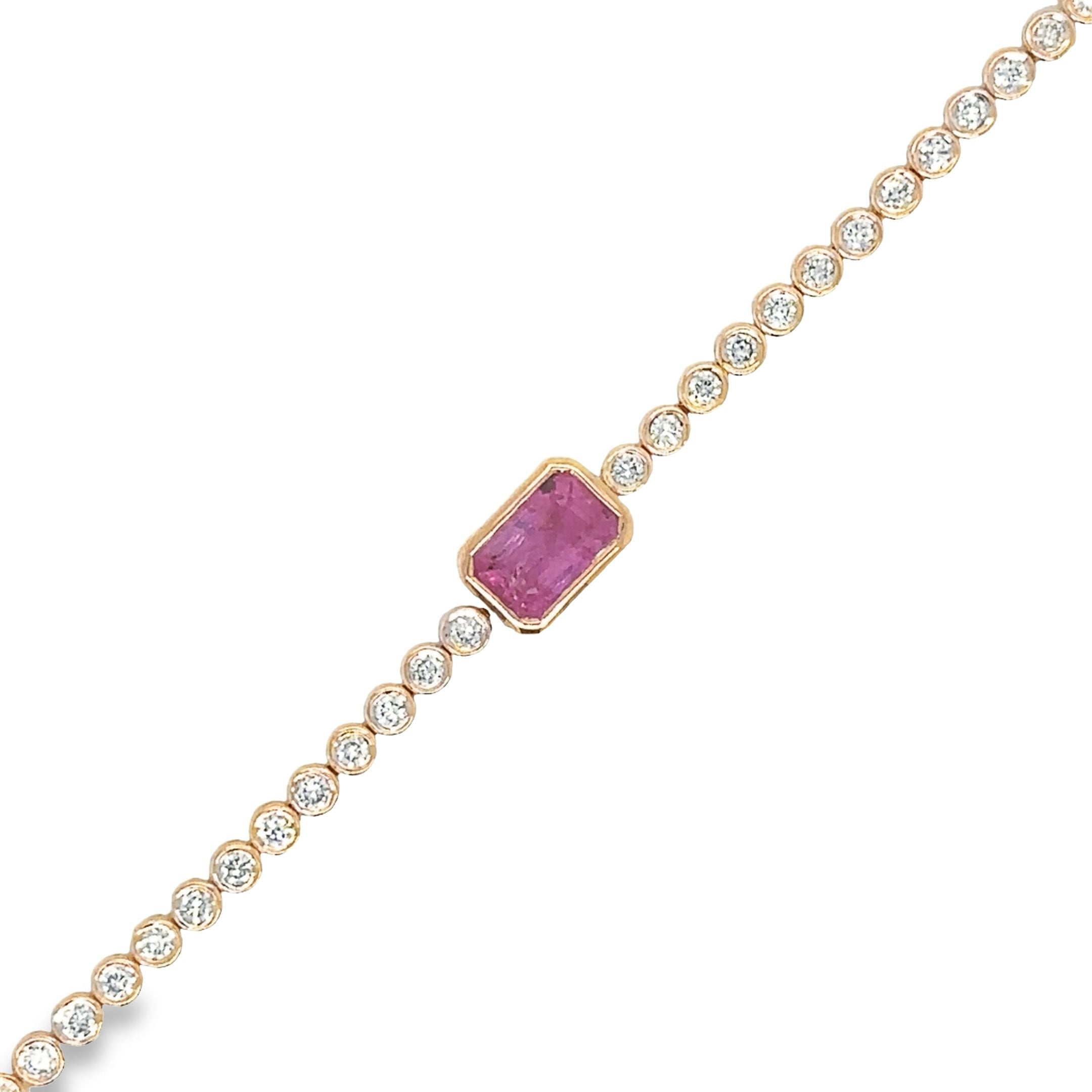 Pulsera De Tenis De Oro Rosa De 14 Quilates Zafiro Rosa Oct Y Diamantes 1.53 Ct.