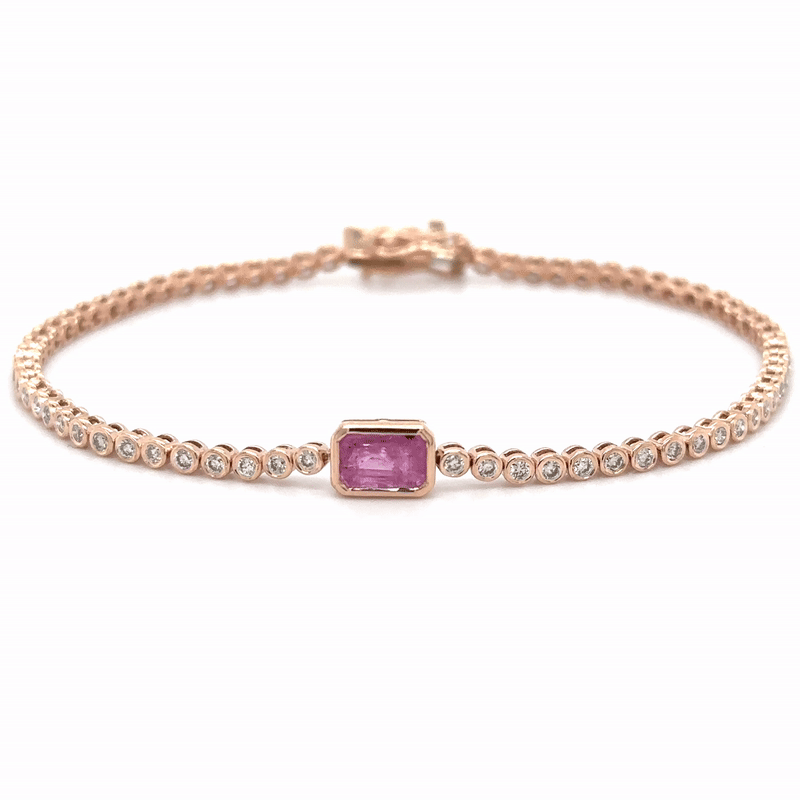 Pulsera De Tenis De Oro Rosa De 14 Quilates Zafiro Rosa Oct Y Diamantes 1.53 Ct.