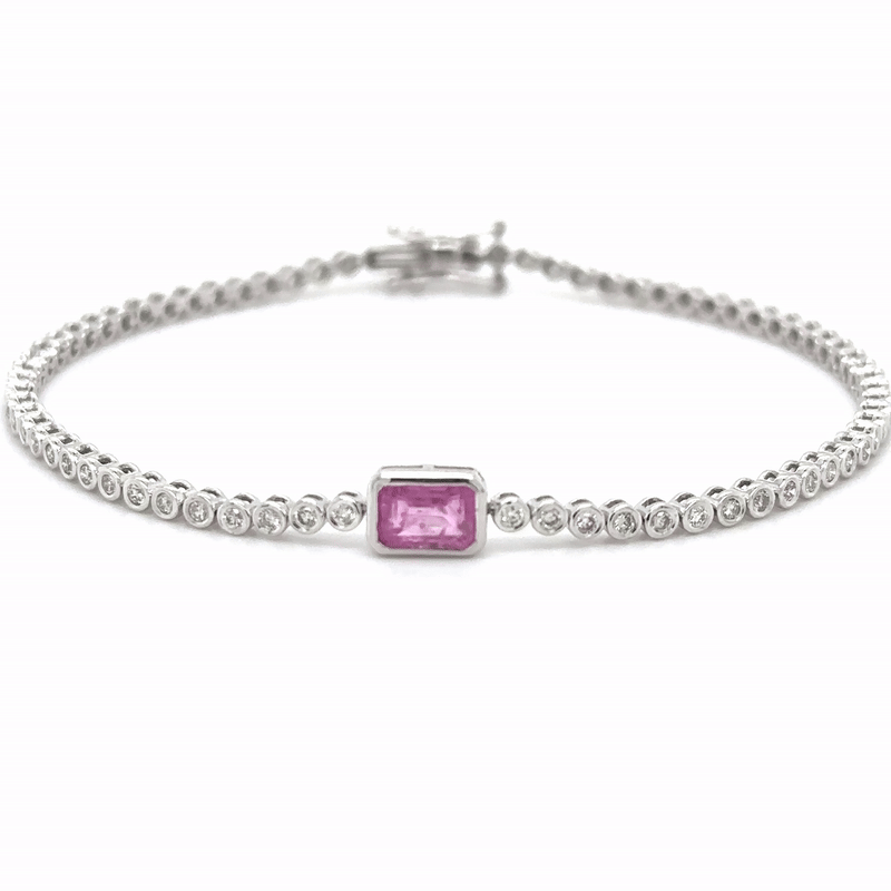 Pulsera De Tenis De Oro Blanco De 14 Quilates Zafiro Rosa Oct Y Diamantes 1.53 Ct.