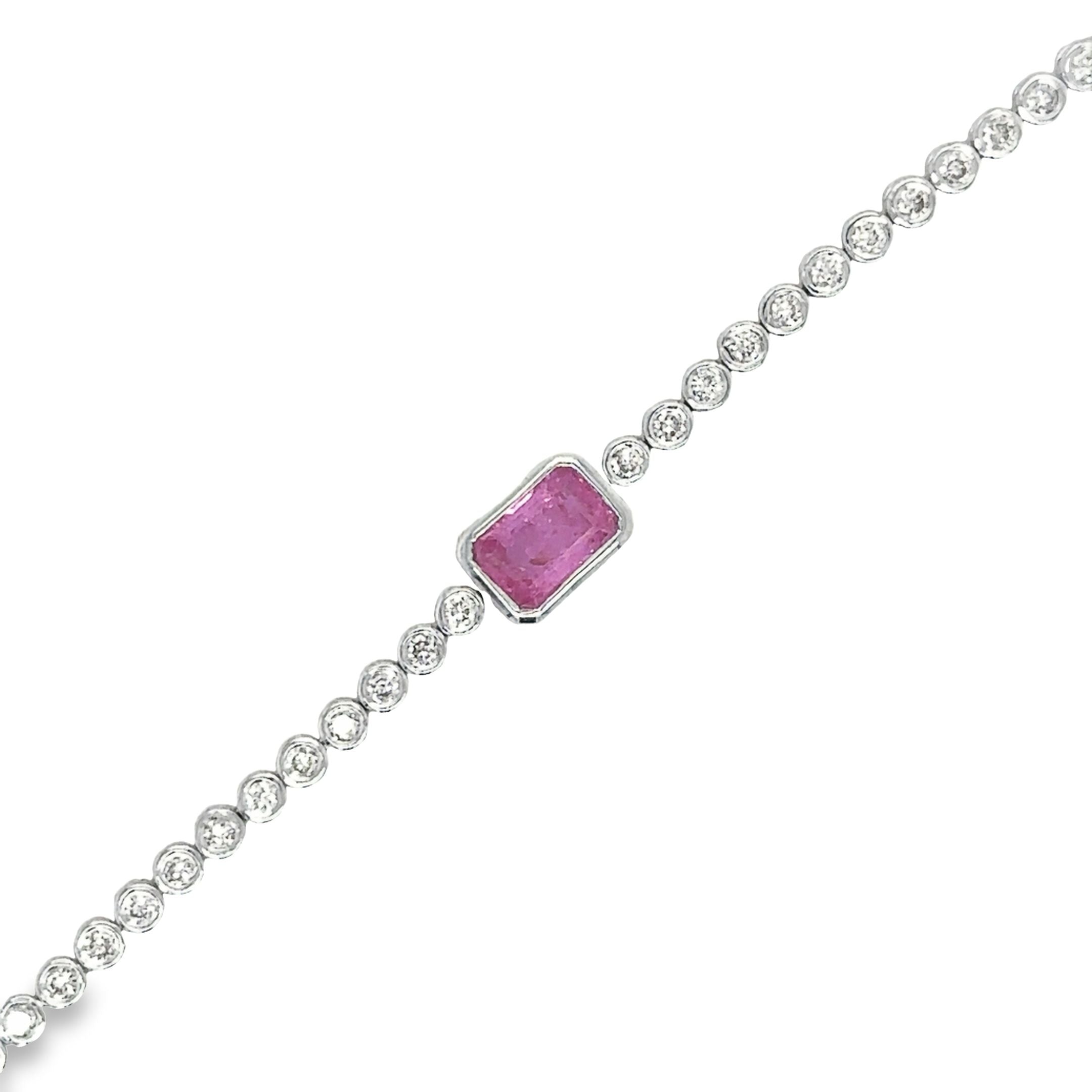 Pulsera De Tenis De Oro Blanco De 14 Quilates Zafiro Rosa Oct Y Diamantes 1.53 Ct.