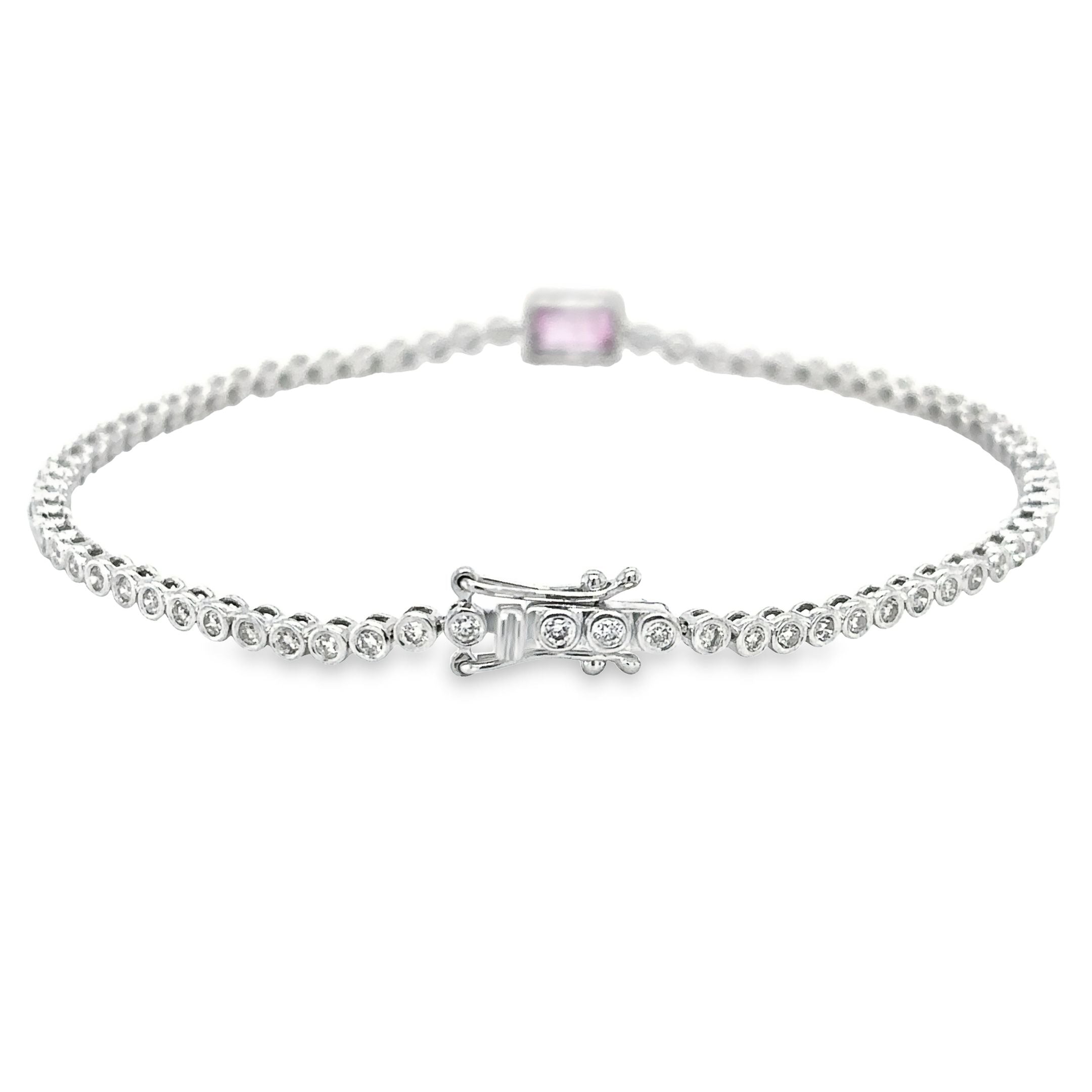 Pulsera De Tenis De Oro Blanco De 14 Quilates Zafiro Rosa Oct Y Diamantes 1.53 Ct.