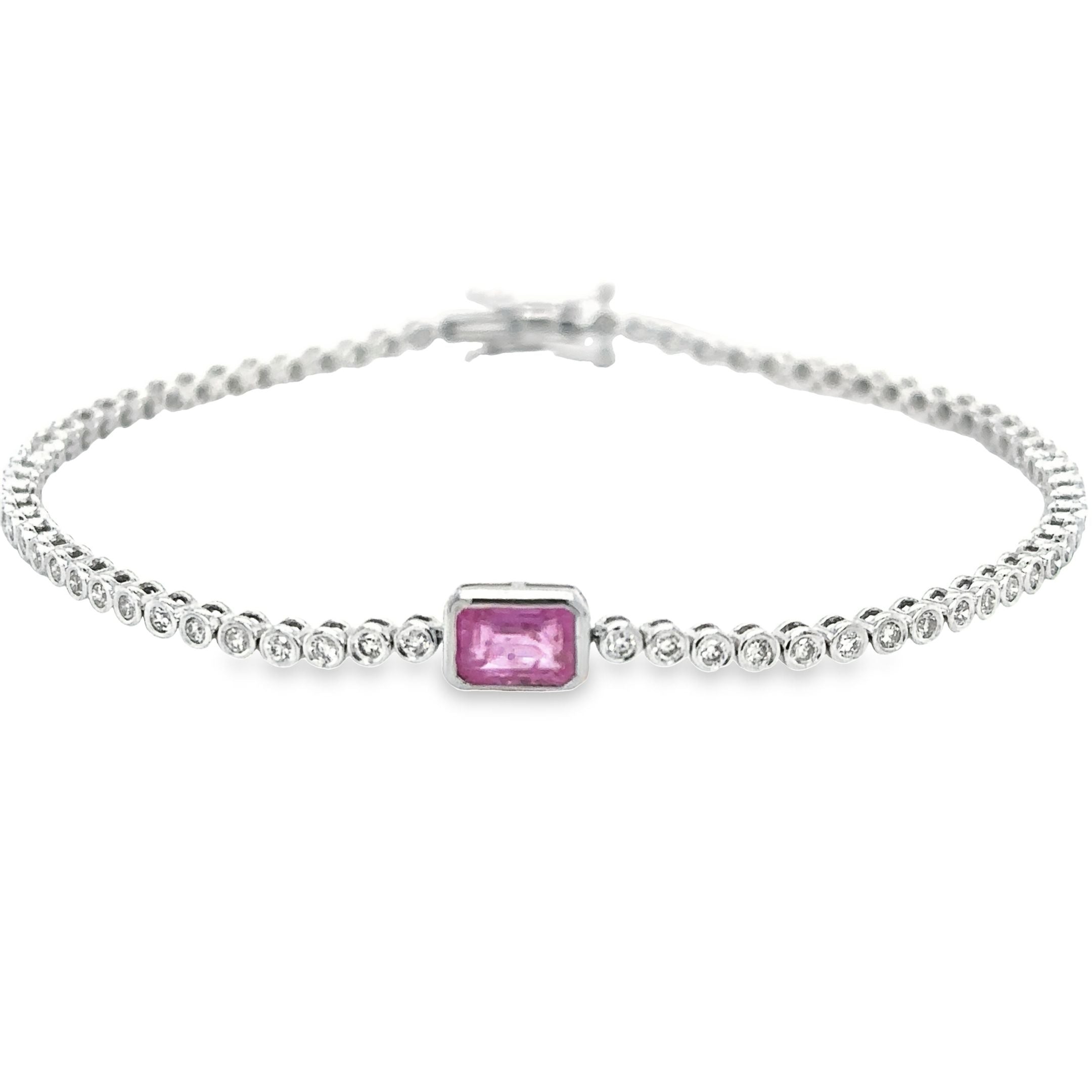 Pulsera De Tenis De Oro Blanco De 14 Quilates Zafiro Rosa Oct Y Diamantes 1.53 Ct.