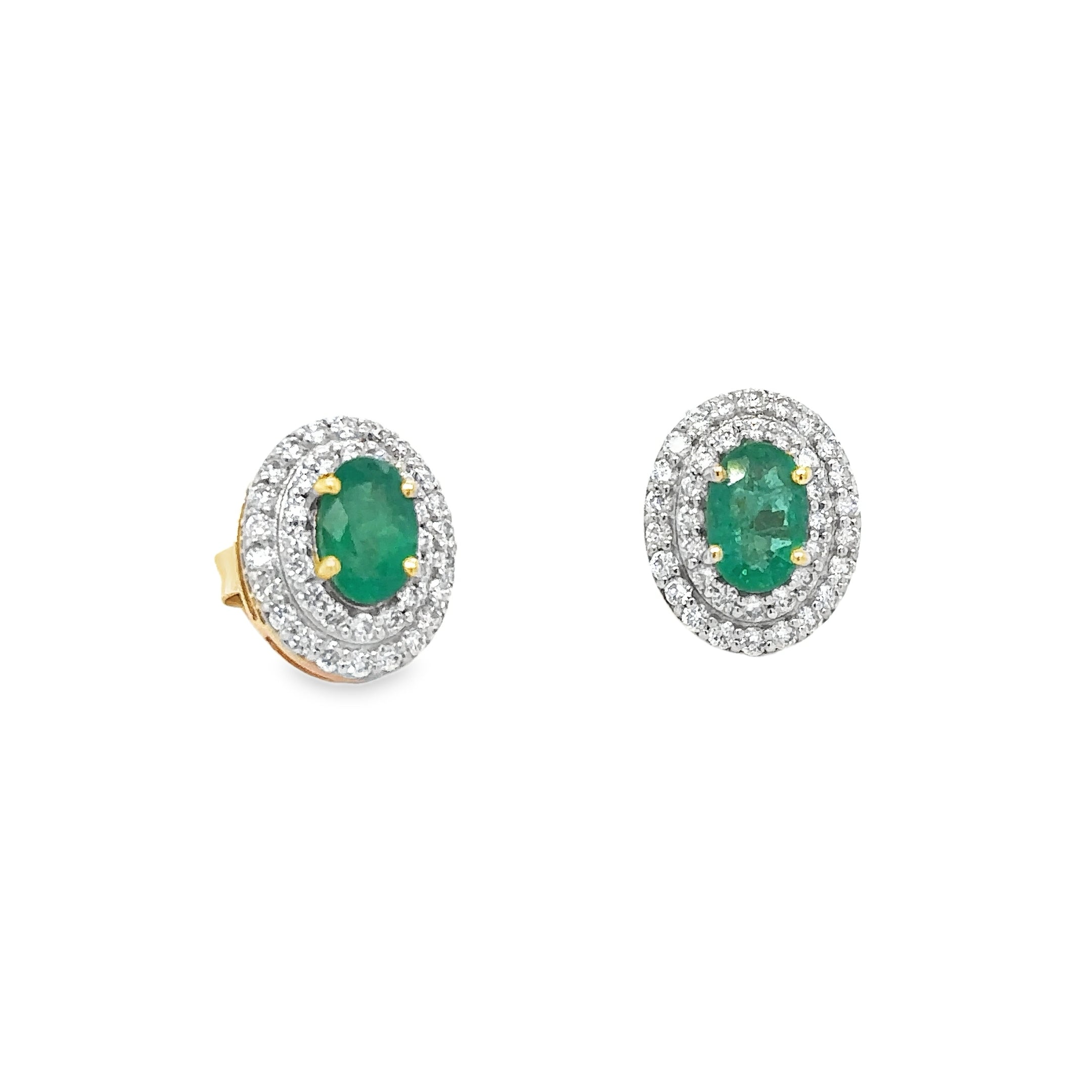 14Kt Yellow Gold Emerald and Diamond Stud Earring, 1.44 CT