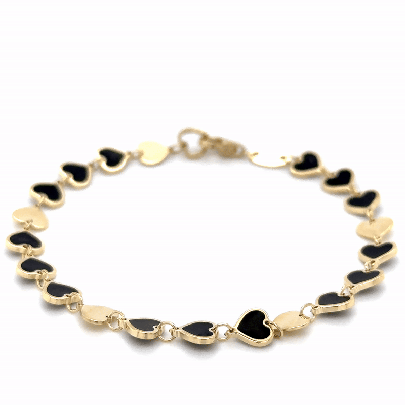 Pulsera De Corazón De Ónix Negro En Oro Amarillo De 14Kt 7"