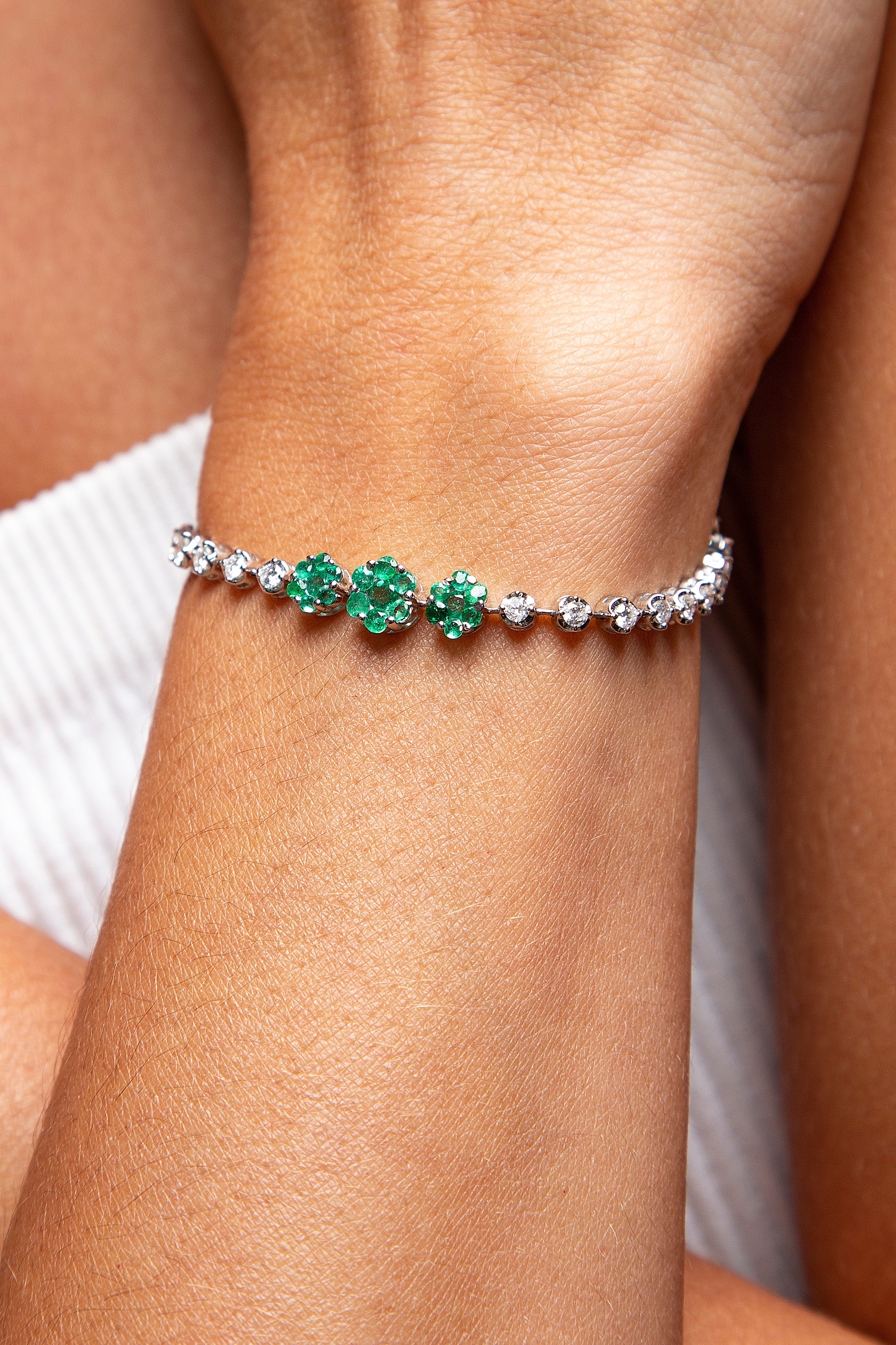 Pulsera Tennis Diamante Esmeralda Oro Blanco 14K 2.16 ct.