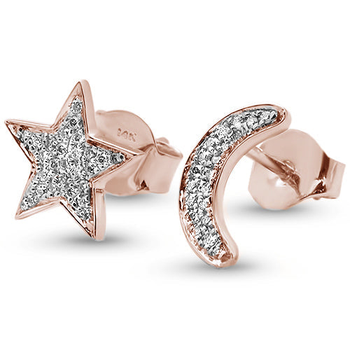 Aretes Stud Estrella Luna De Diamante En Oro Rosa De 14K .08Ct