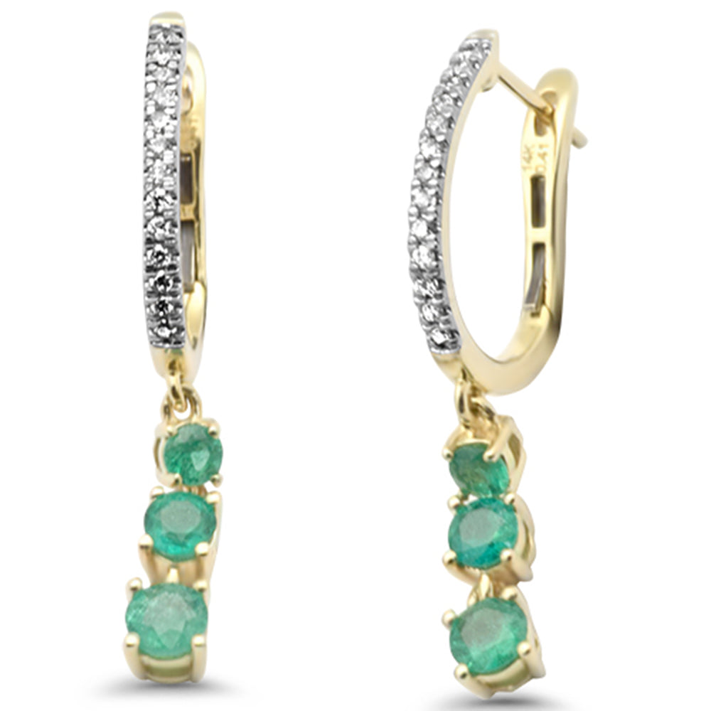 Aretes Drop Hoop De Esmeralda Y Diamante En Oro Amarillo De 14K .85Ct