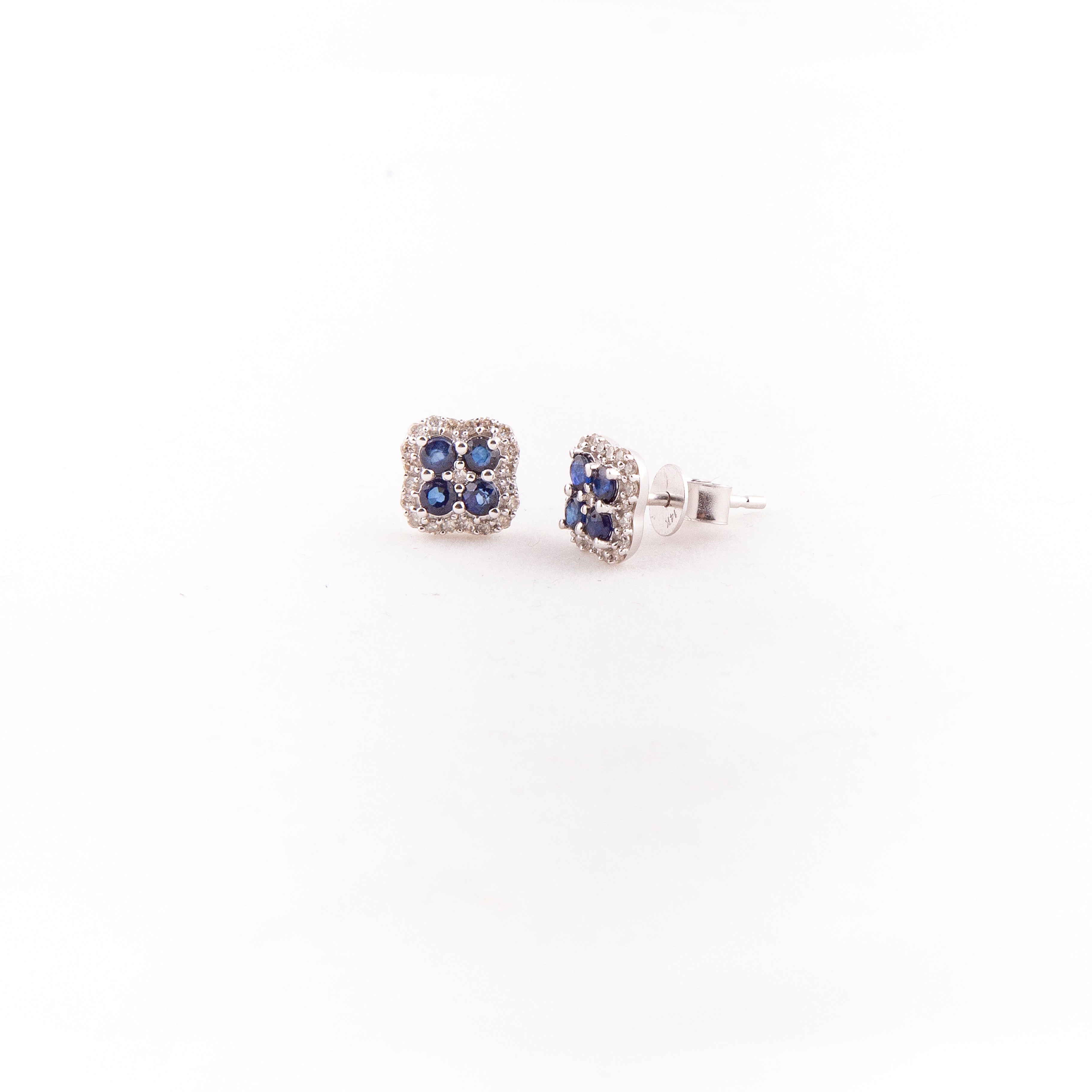 Aretes Studs Flor Diamante Zafiro Oro Blanco 14K 0.85 ct.