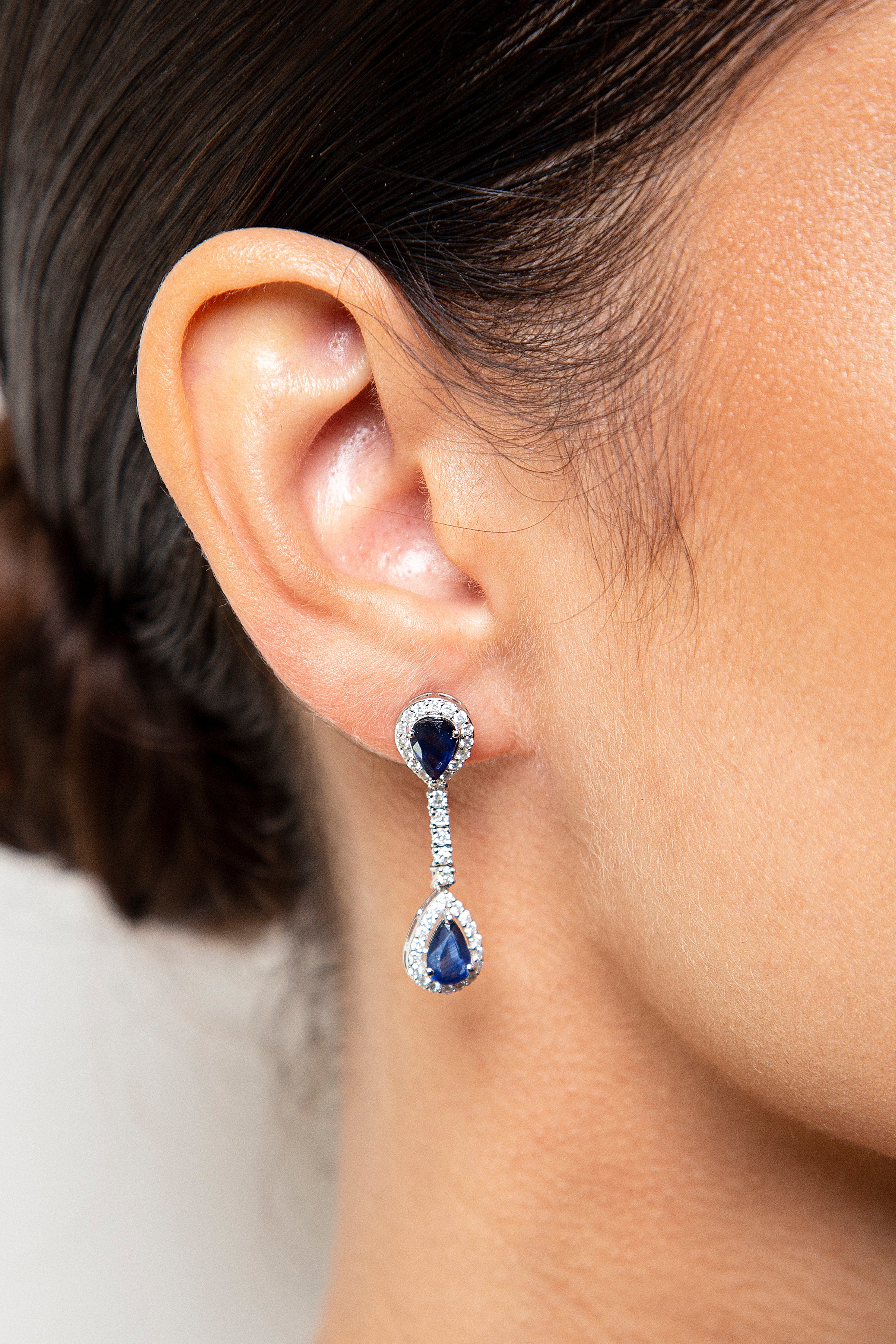 Aretes Largos / Colgantes Diamante Zafiro Oro Blanco 14K 3.39 ct.