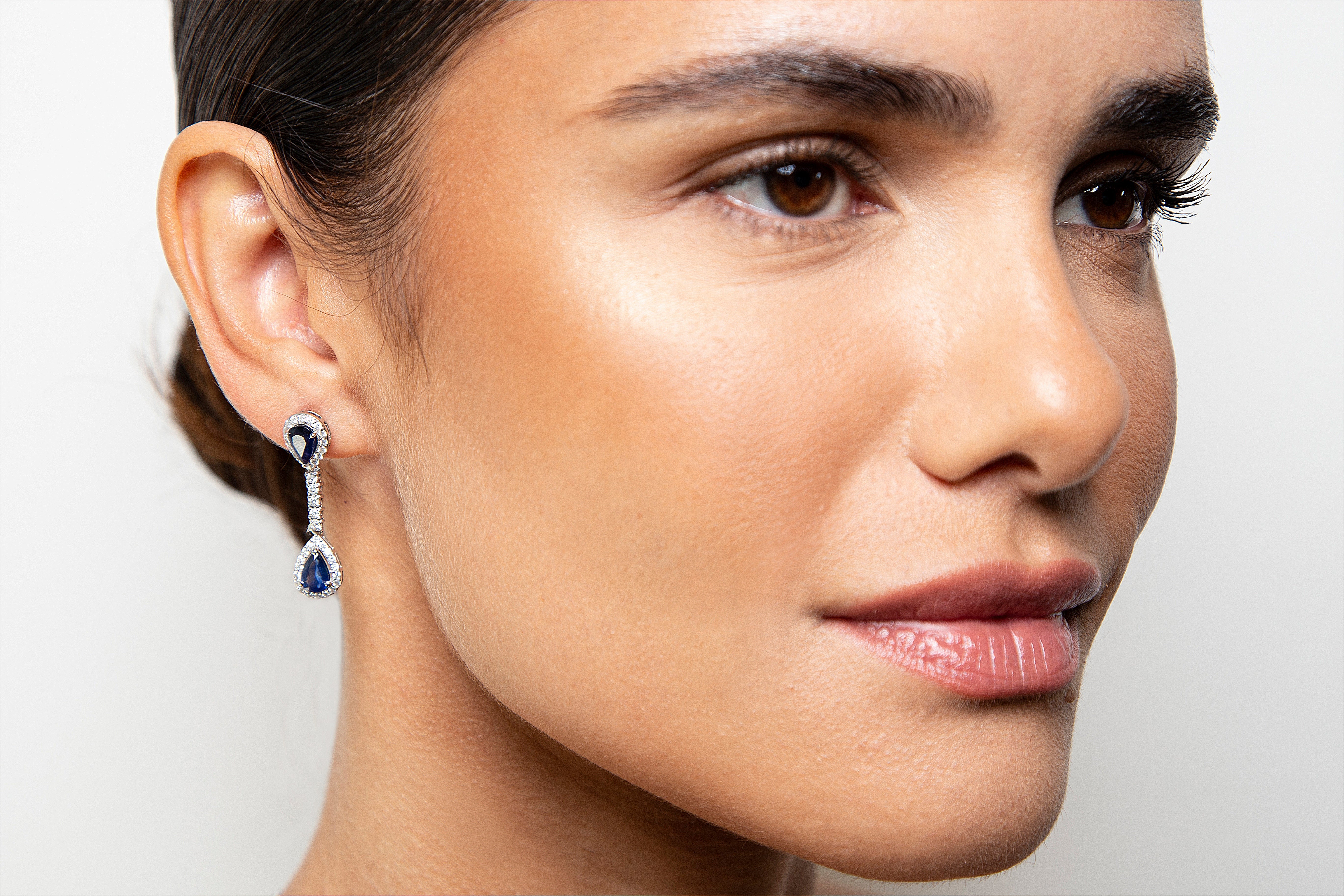 Aretes Largos / Colgantes Diamante Zafiro Oro Blanco 14K 3.39 ct.