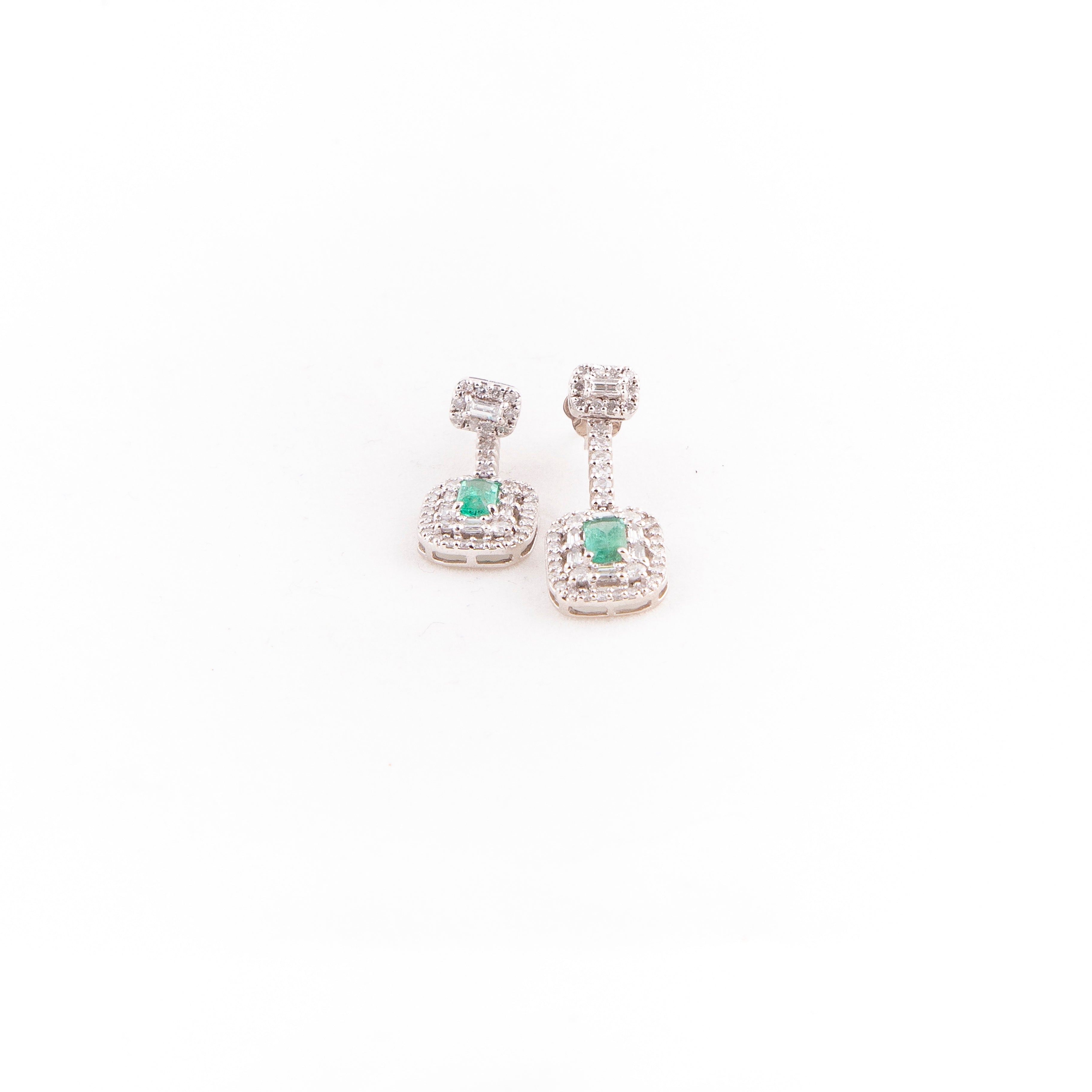 Aretes Largos / Colgantes Diamante Esmeralda Oro Blanco 14K 1.49 ct.