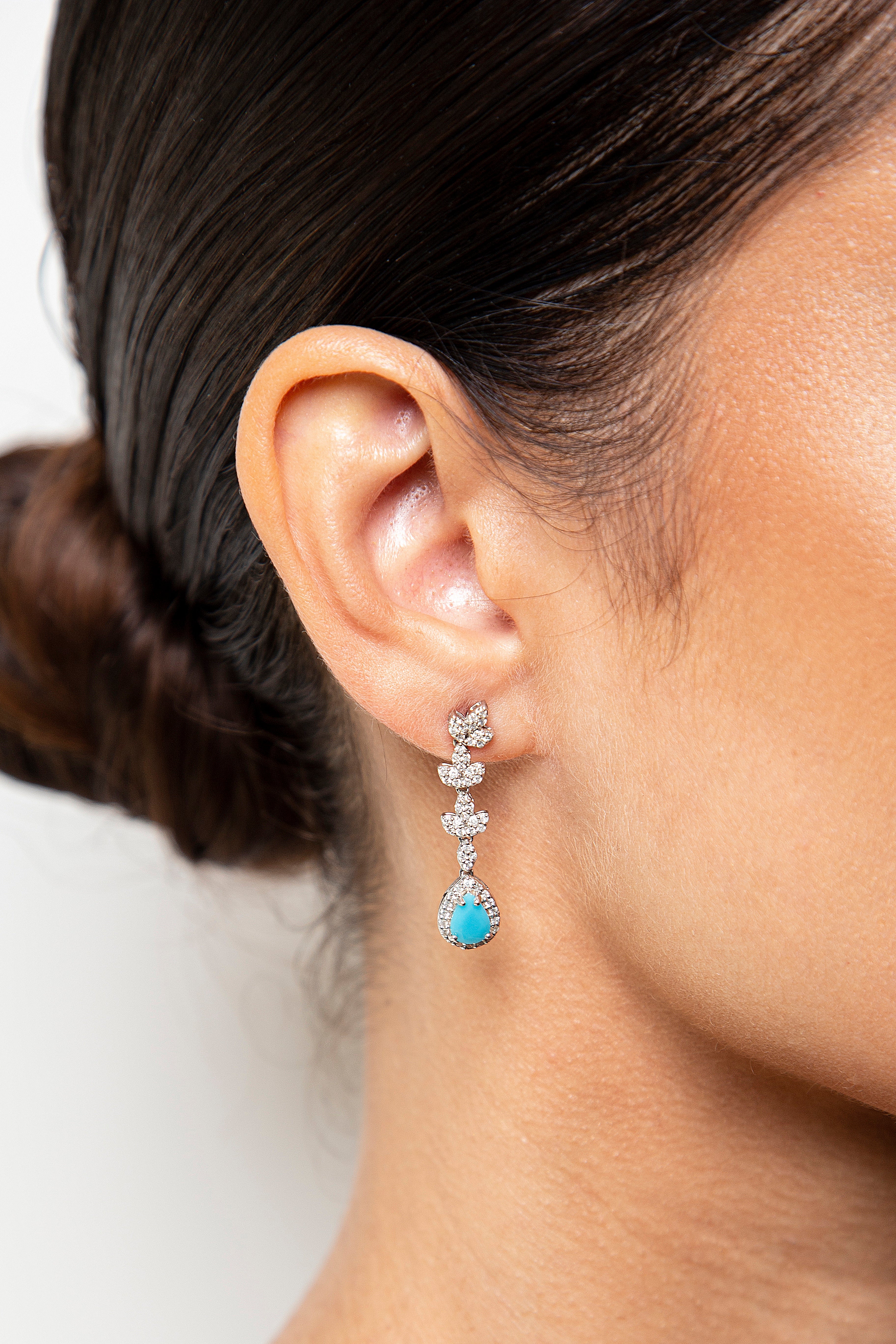 Aretes Largos / Colgantes Diamante Turquesa Oro Blanco 14K 1.96 ct.