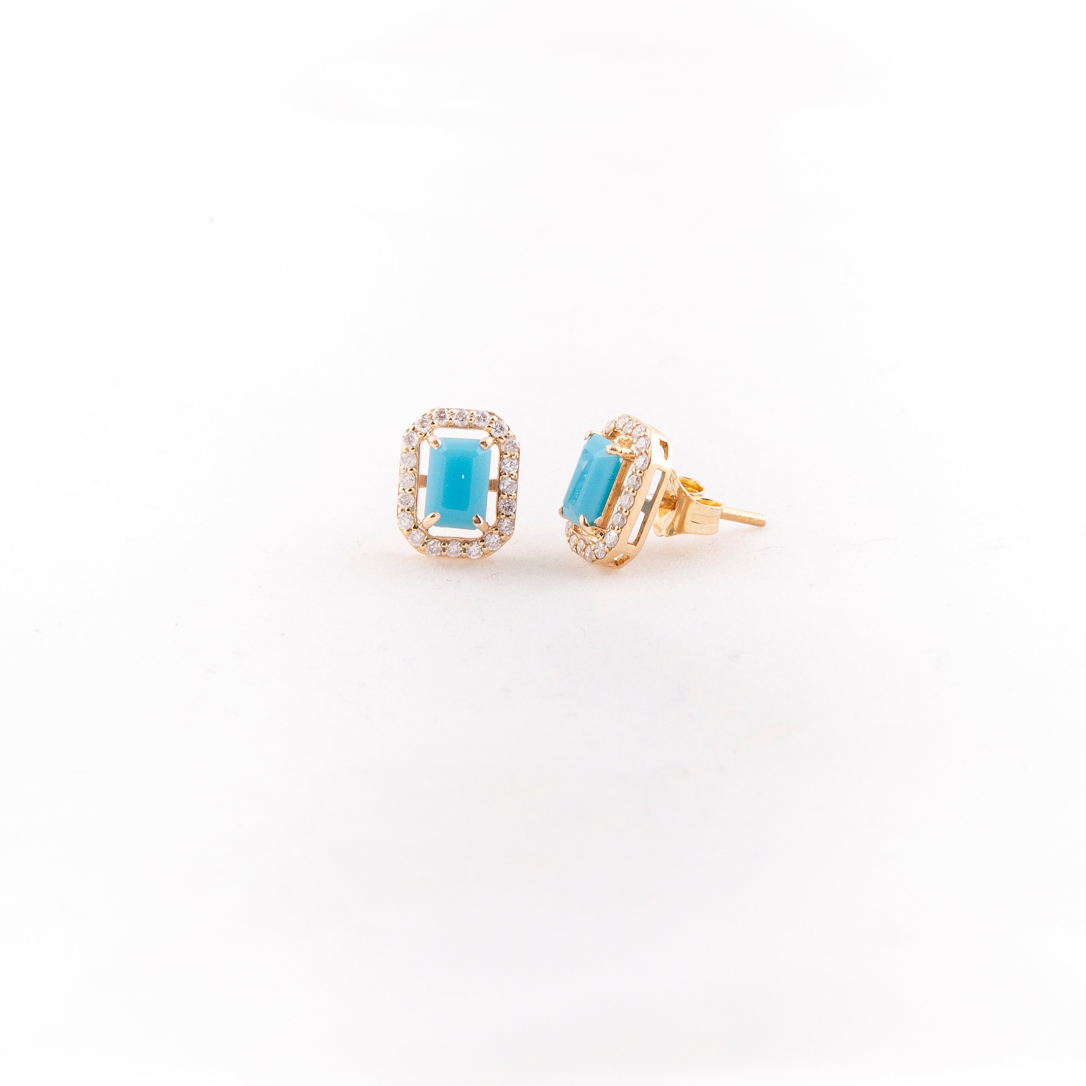 Aretes Studs Halo Diamante Turquesa Oro Amarillo 14K 1.42 ct.