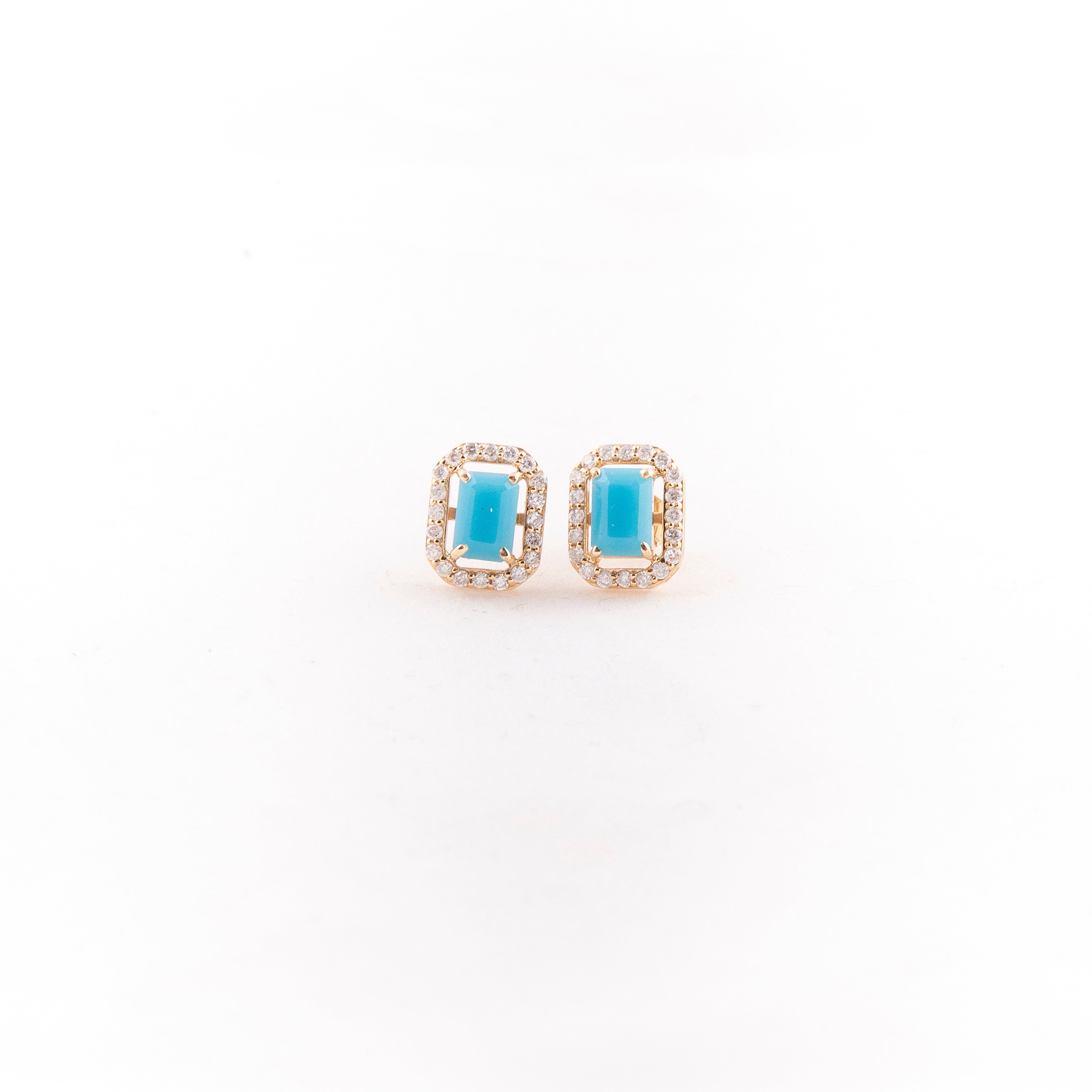 Aretes Studs Halo Diamante Turquesa Oro Amarillo 14K 1.42 ct.