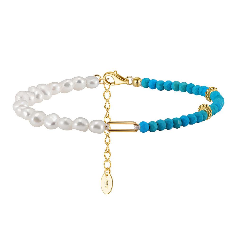 Pulsera Plata S925 Baño de oro 14k con Perla natural + turquesa 3.72g