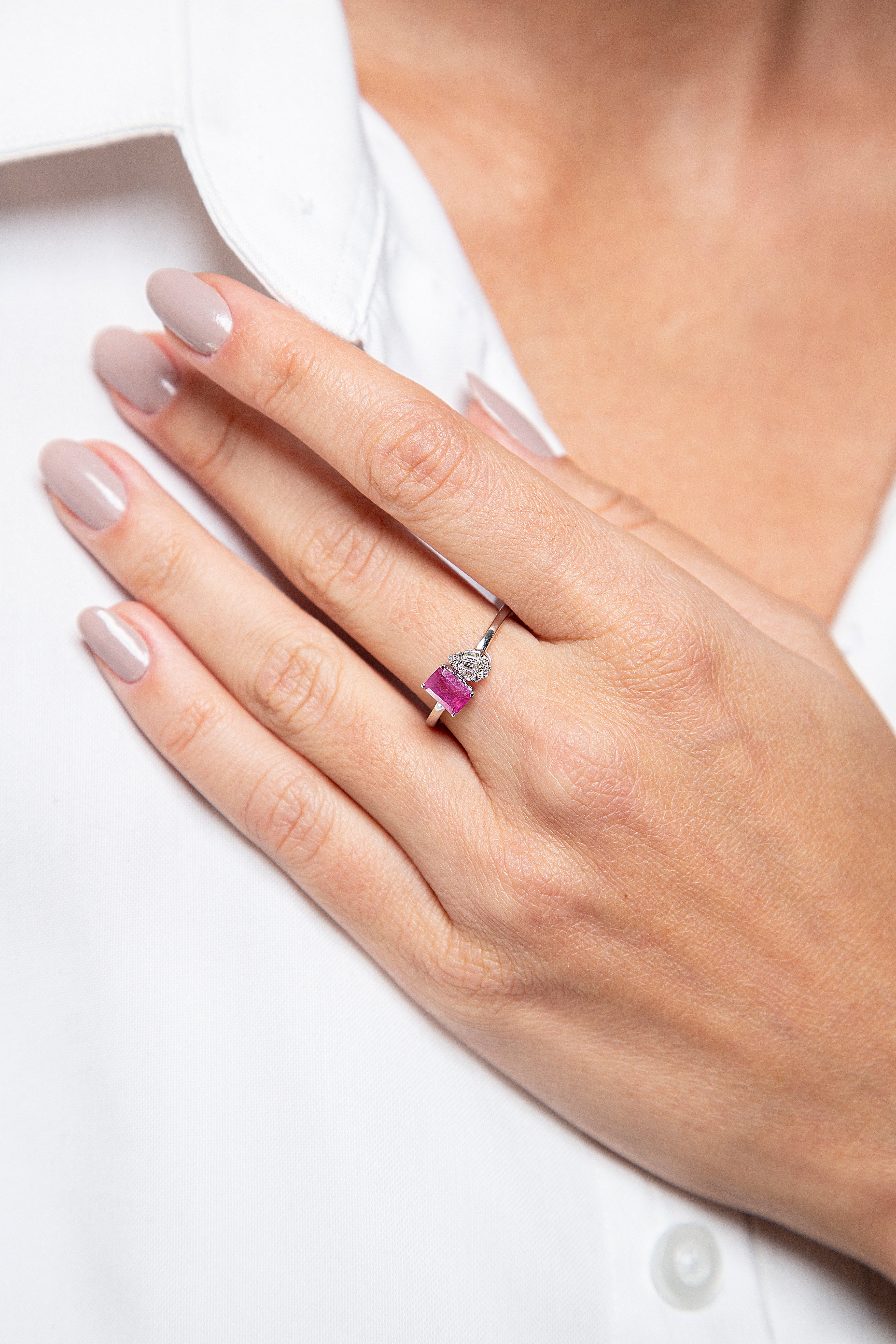 Anillo Diamante Zafiro Rosa Oro Blanco 14K 0.98 ct.