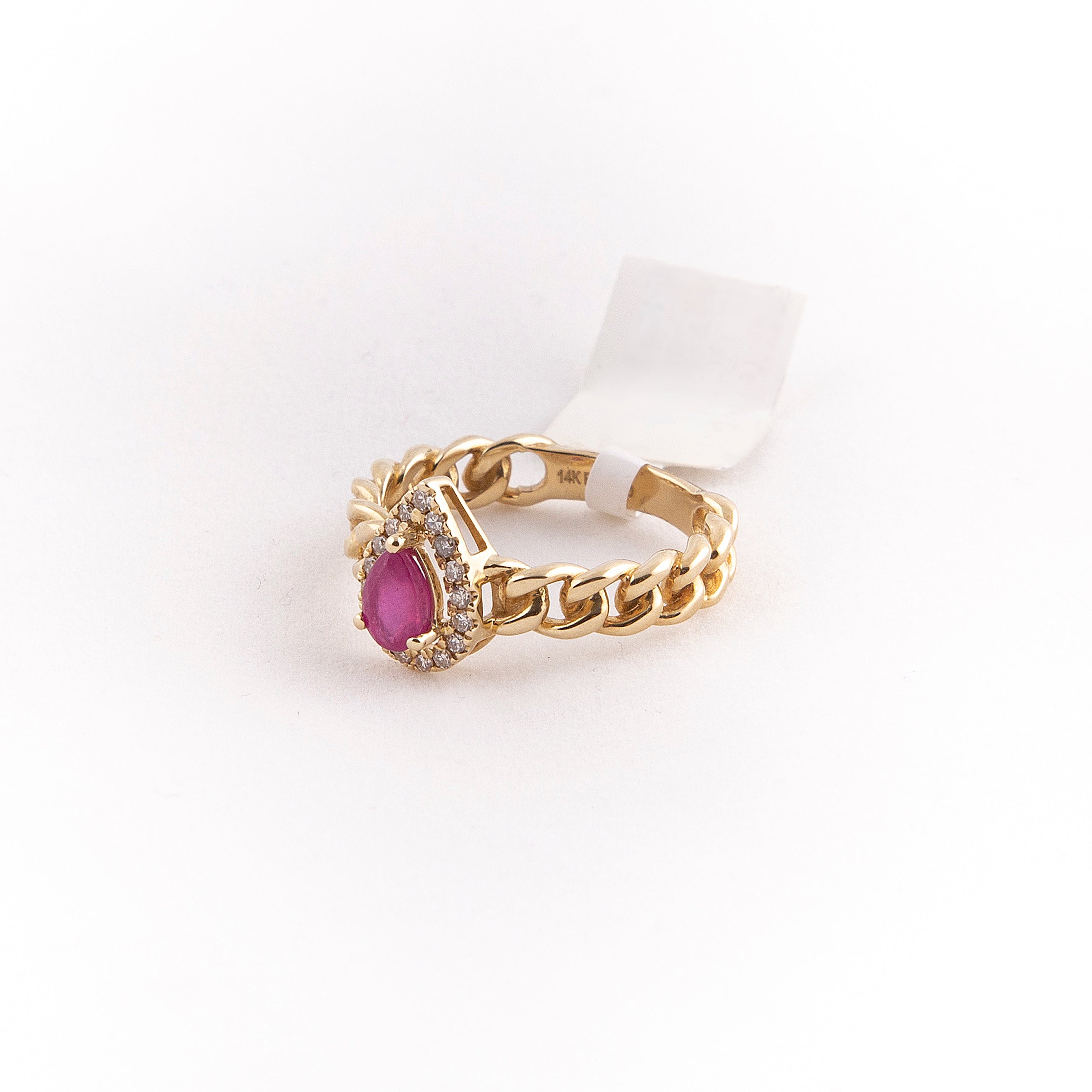 Anillo Cubano Halo Diamante Rubí Oro Amarillo 14K 0.72 ct.