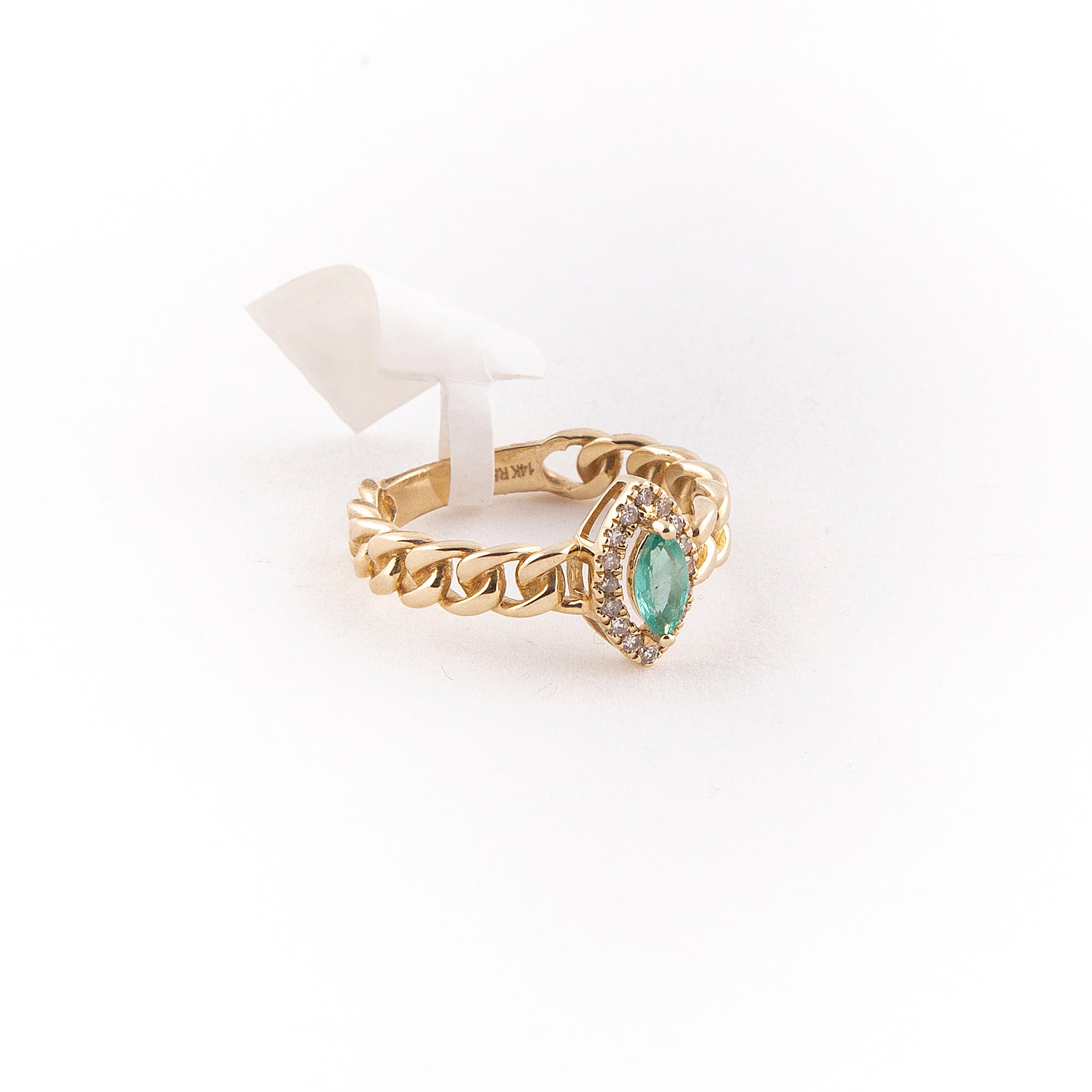 Anillo Cubano Halo Diamante Esmeralda Oro Amarillo 14K 0.38 ct.