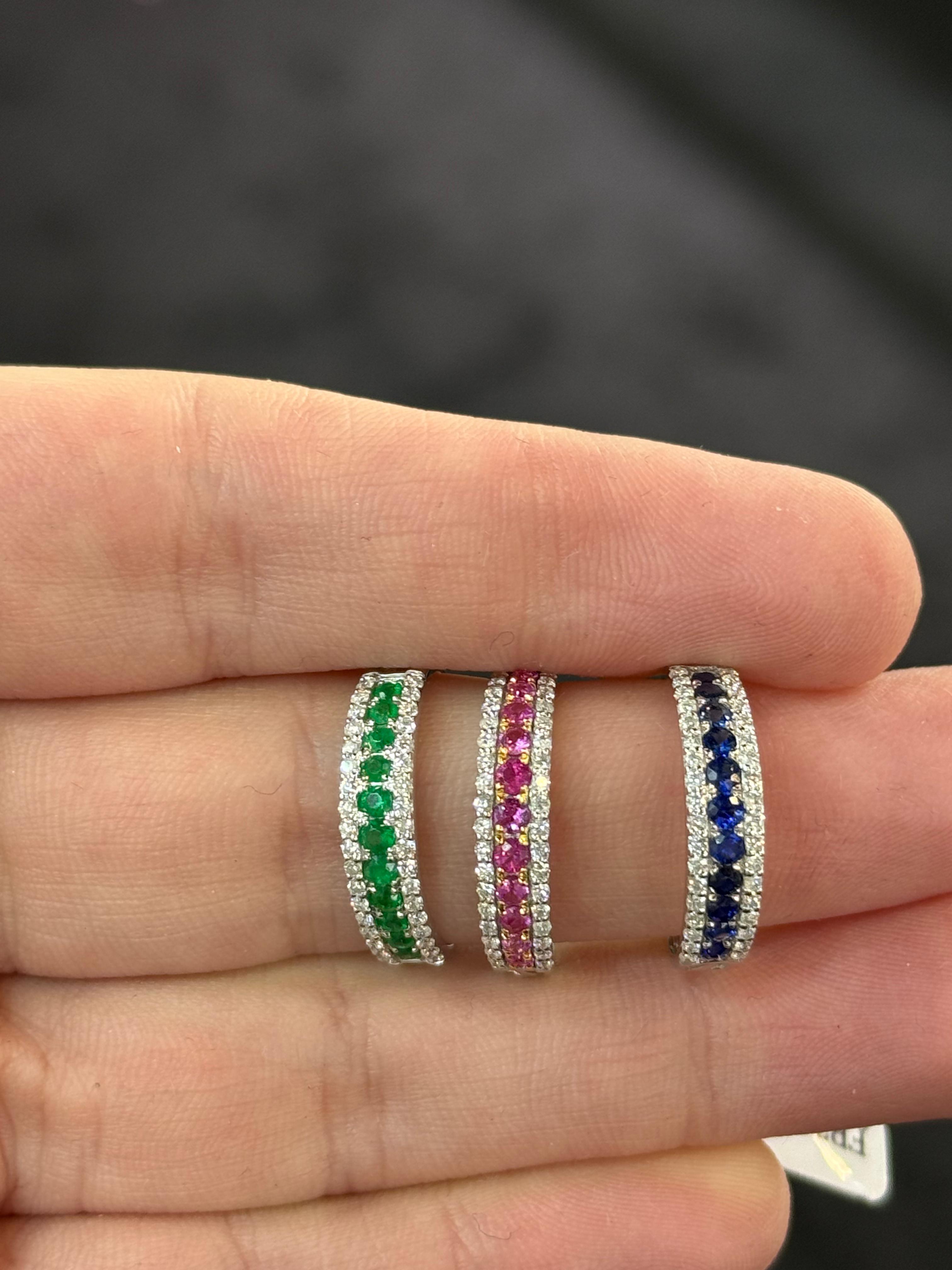 Anillo de Oro Blanco 14K con Diamante, Esmeralda, Rubí y Zafiro