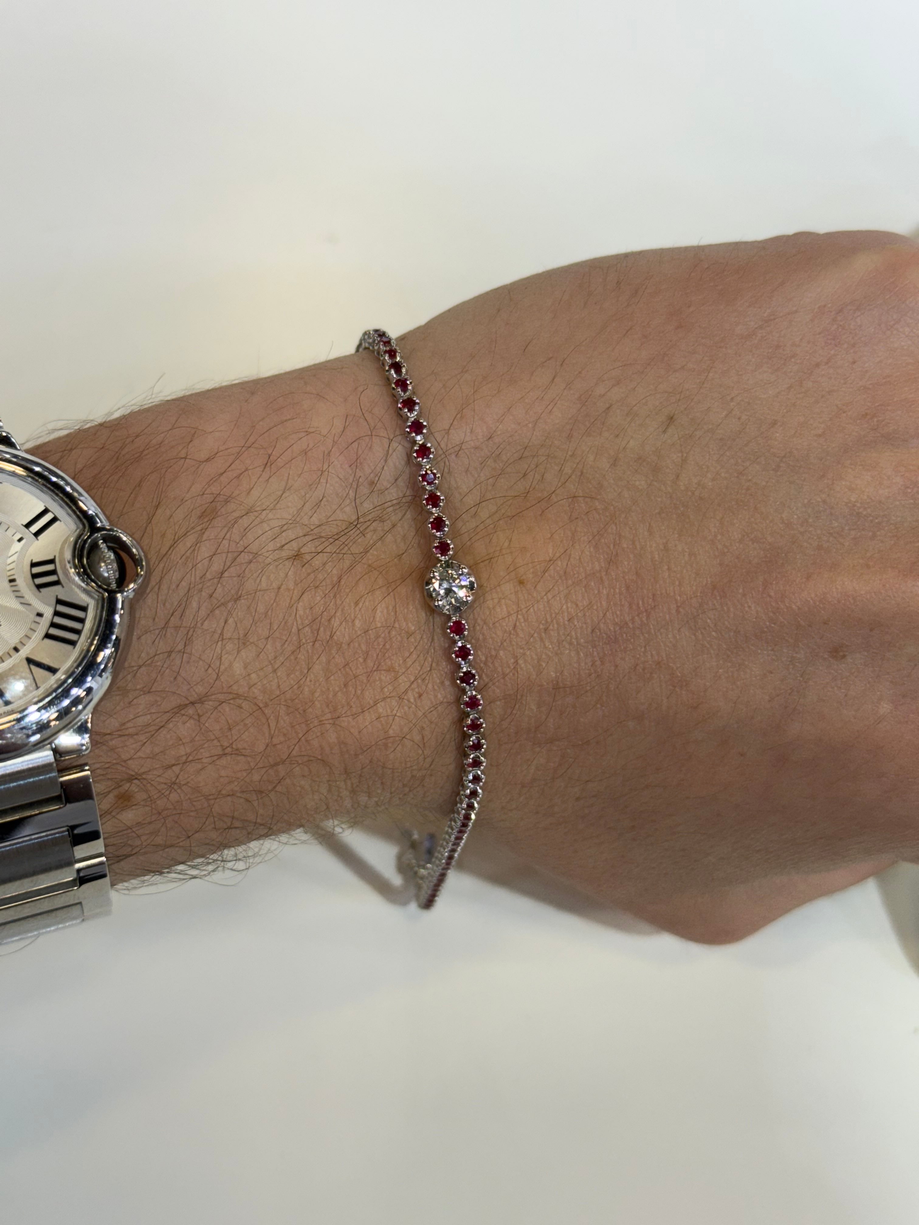 Pulsera de Oro Blanco 14K con Diamante y Rubí